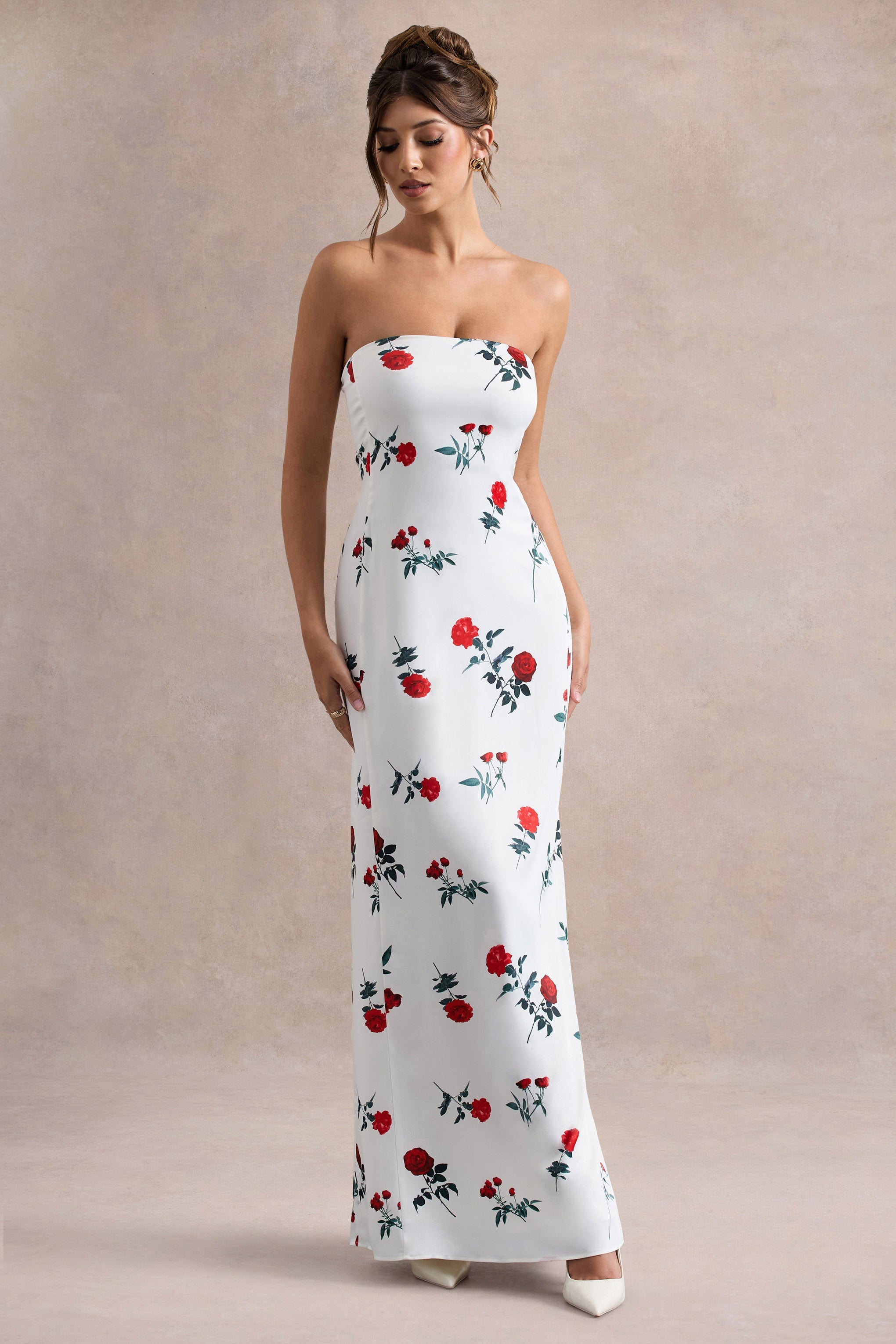 Azra | Gül Desenli Saten Bandeau Maxi Elbise
