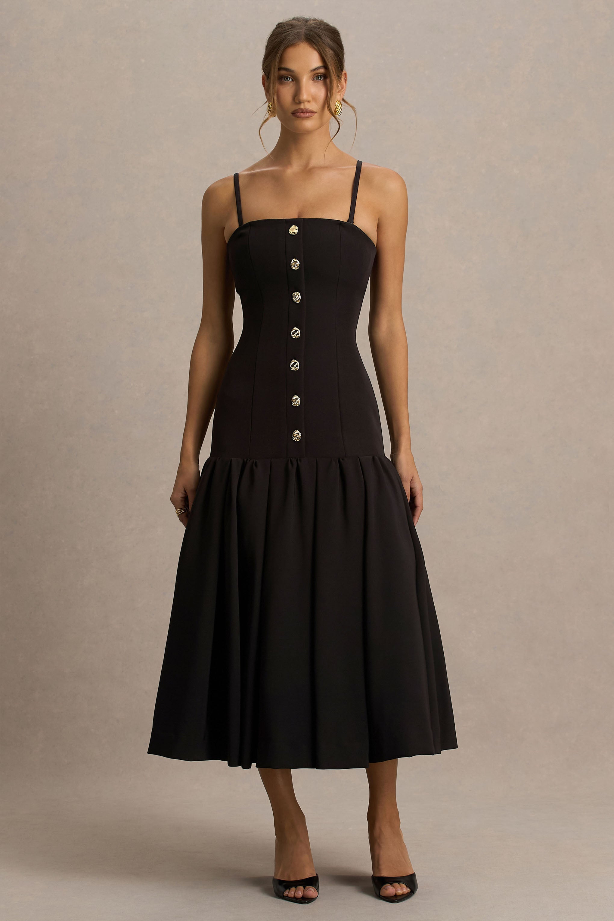 Briella | Altın Düğme Detaylı Siyah Bandeau Maxi Elbise