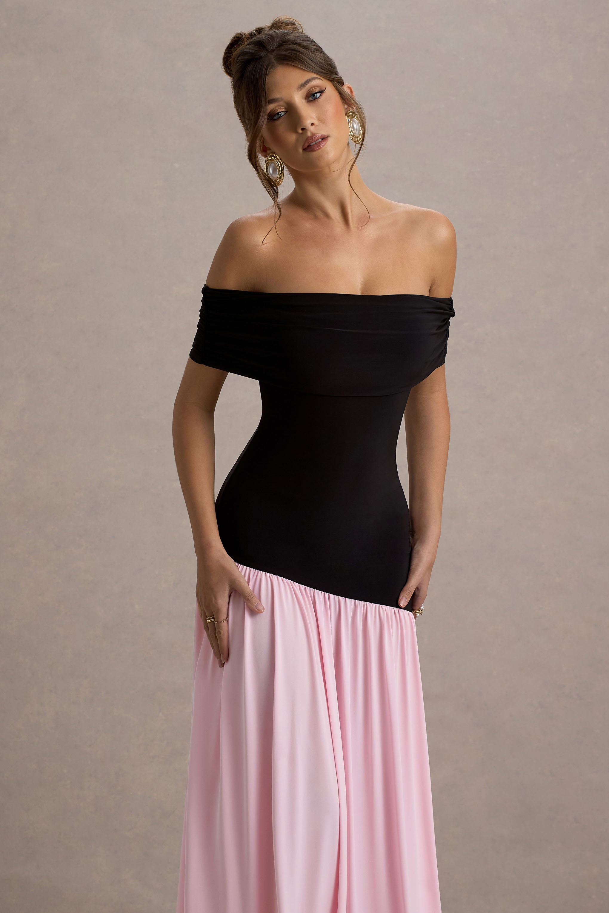 Venezia | Siyah & Pembe Bardot Puff-Etek Maxi Elbise