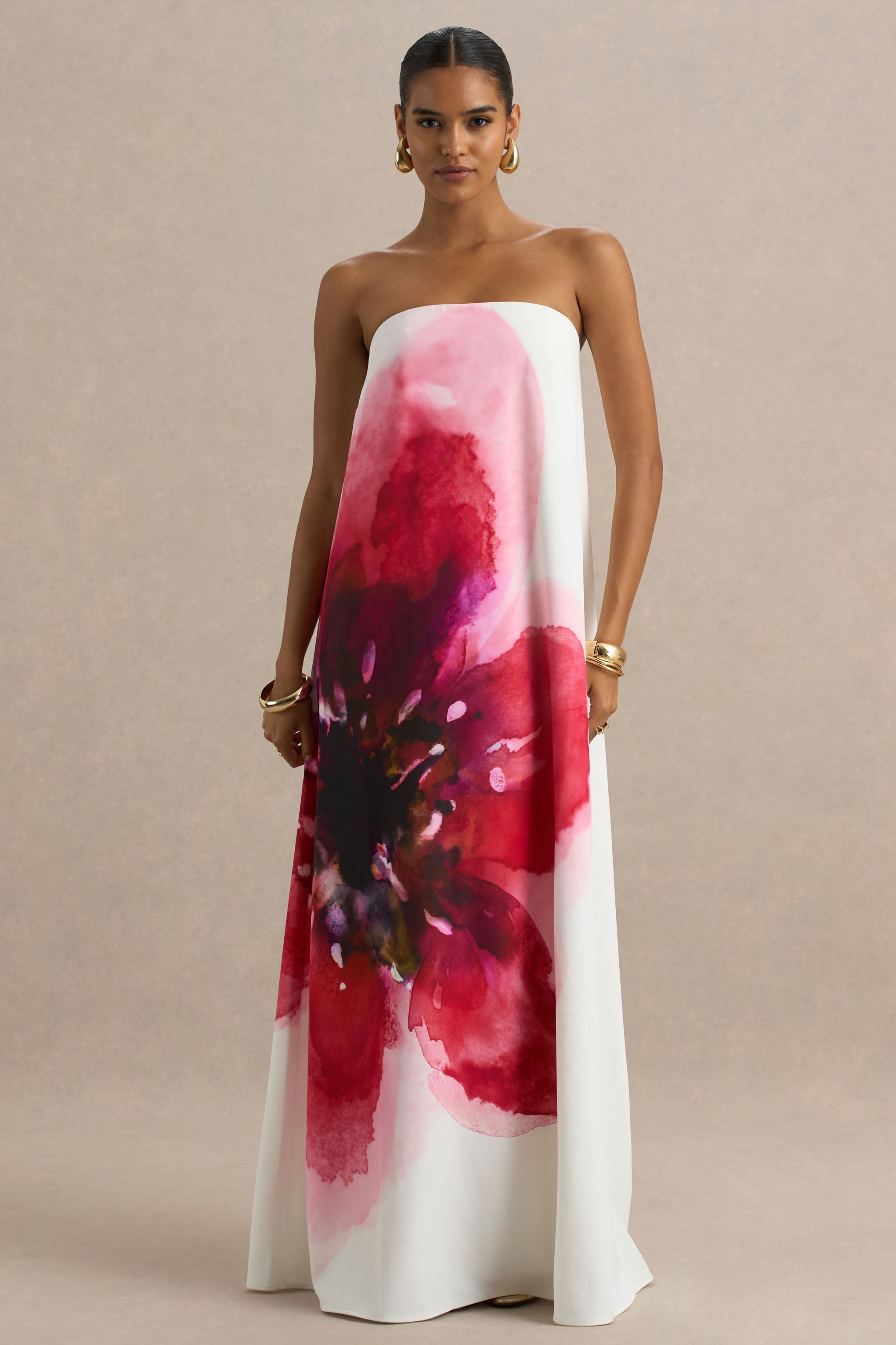 Breonna | Parlak Pembe Çiçek Desenli Bandeau Maxi Elbise