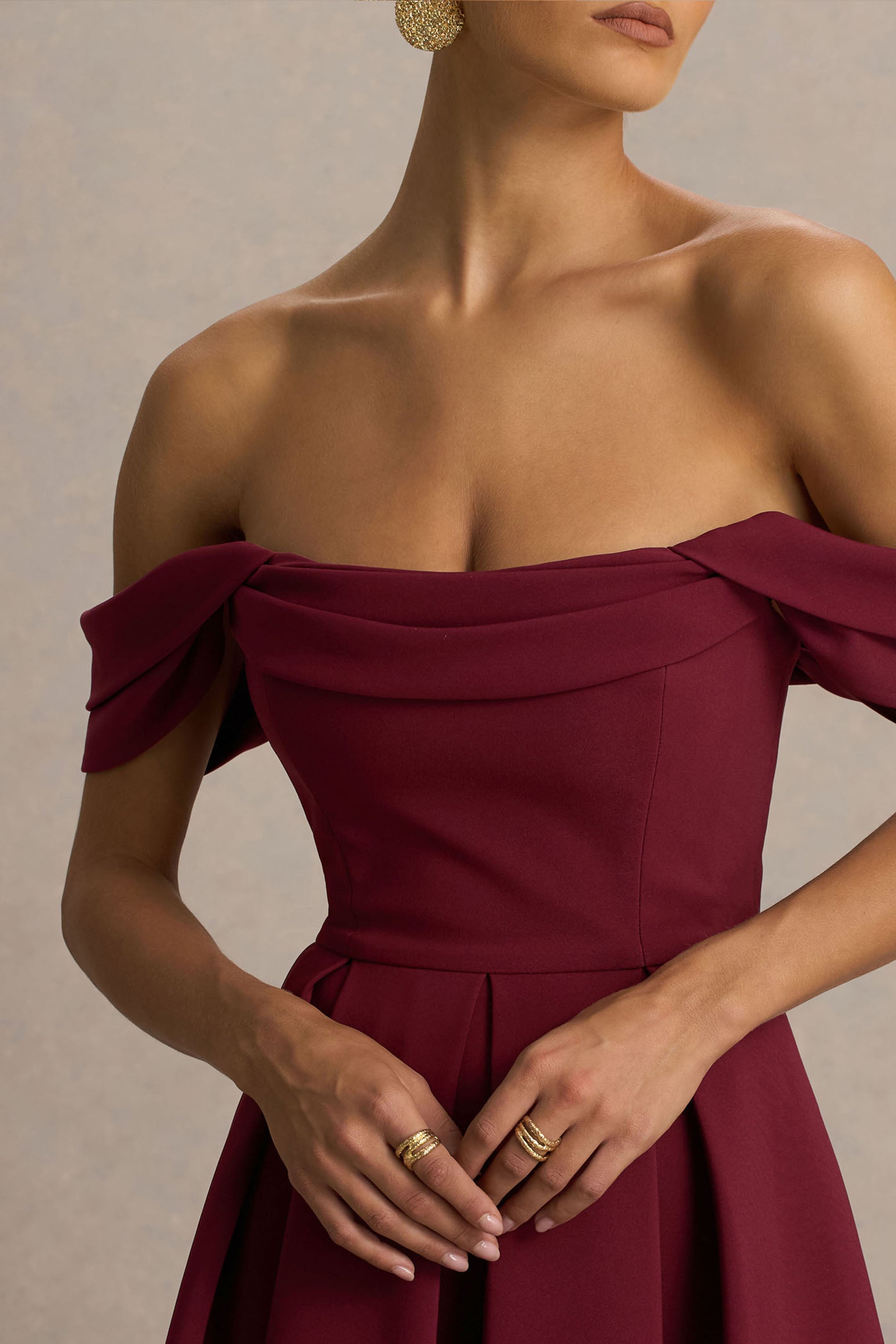 Cosima | Bordo Bardot Yaka Midi Elbise