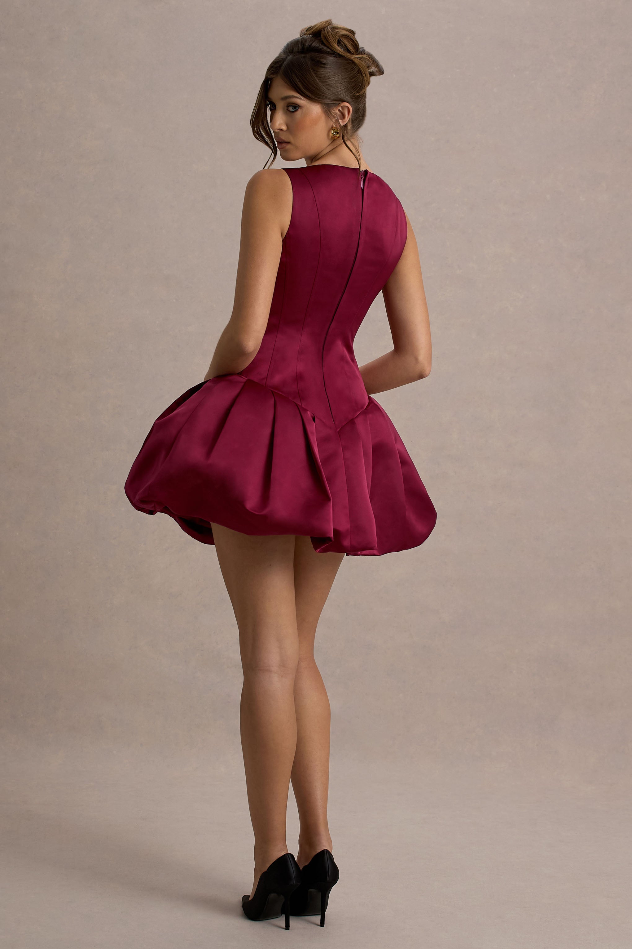Bramble | Port Saten Kare Yaka Puffball Mini Elbise