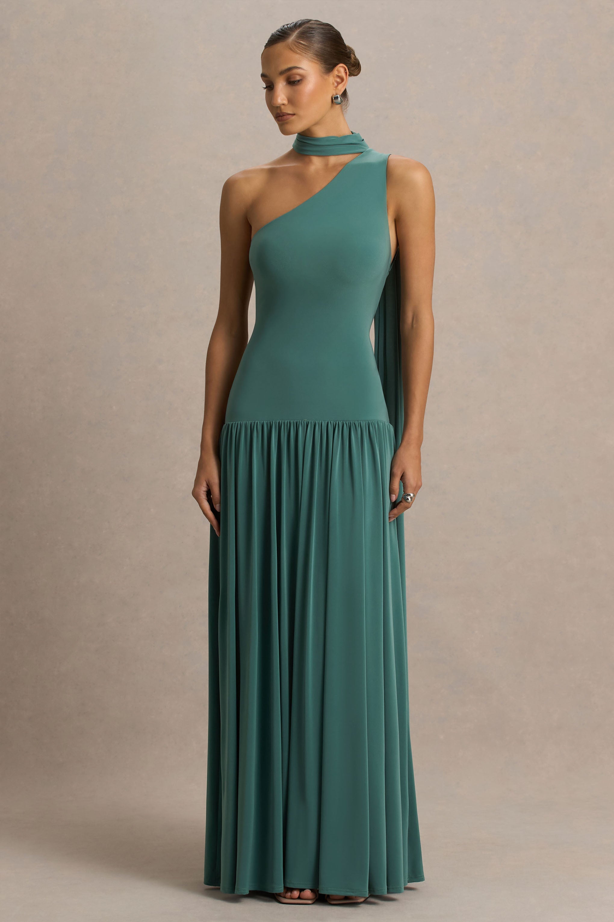 Freesia | Şal Detaylı Asimetrik Yaka Maxi Elbise - Teal
