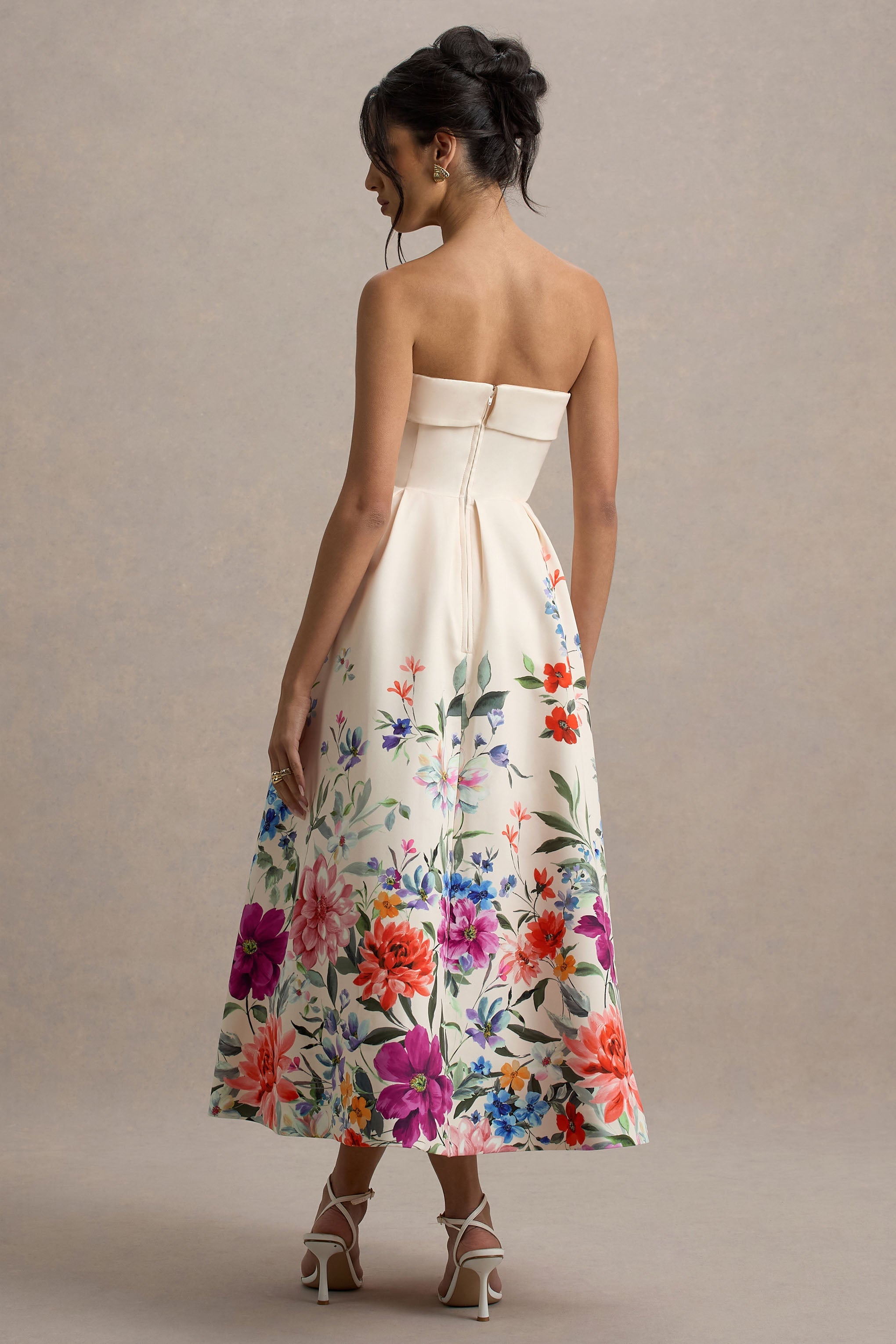Annalise | Açık Pembe Çiçek Desenli Bandeau Midi Elbise