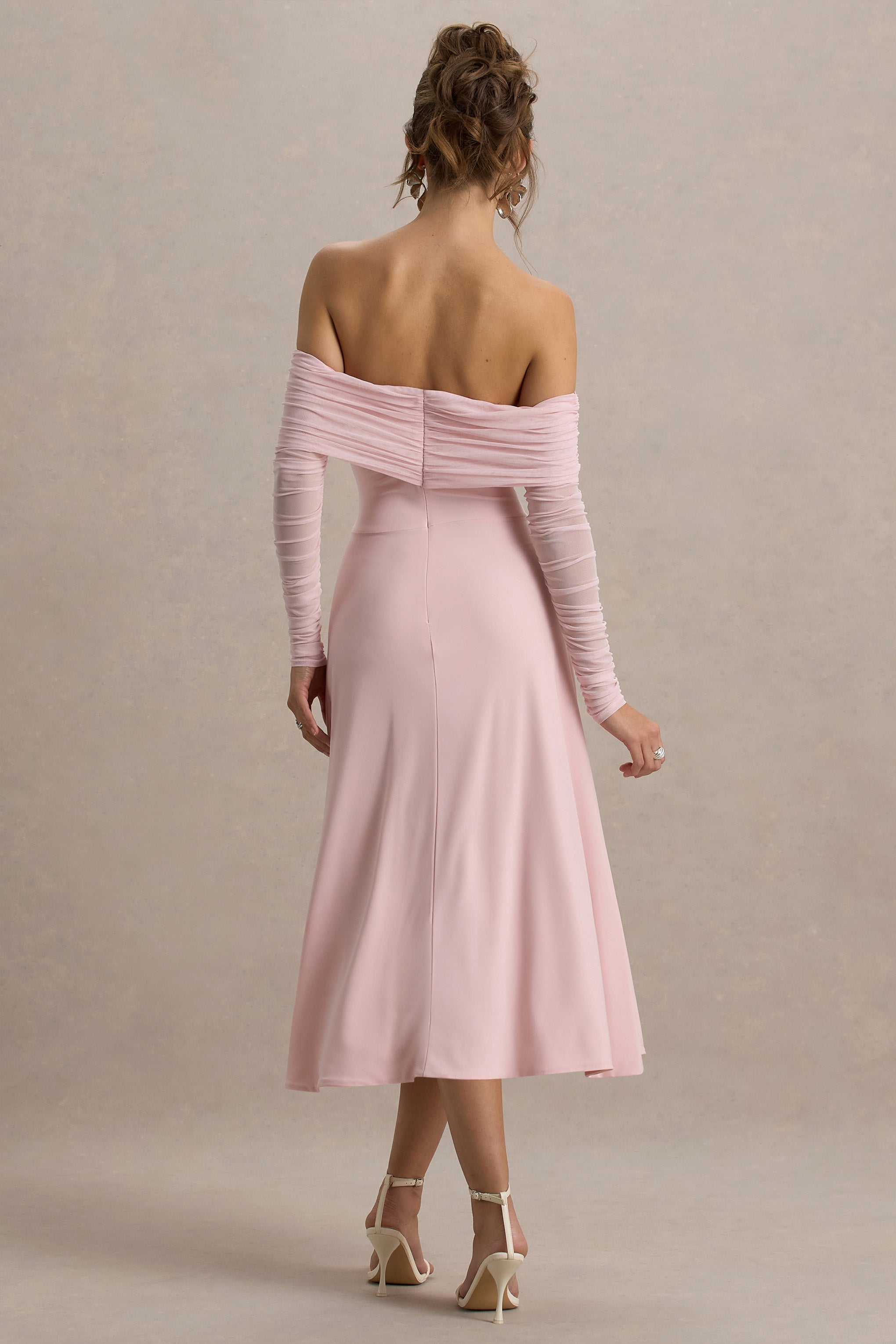 Flatter Me | Açık Pembe Bardot Midi Elbise Ağı Mesh Kollar