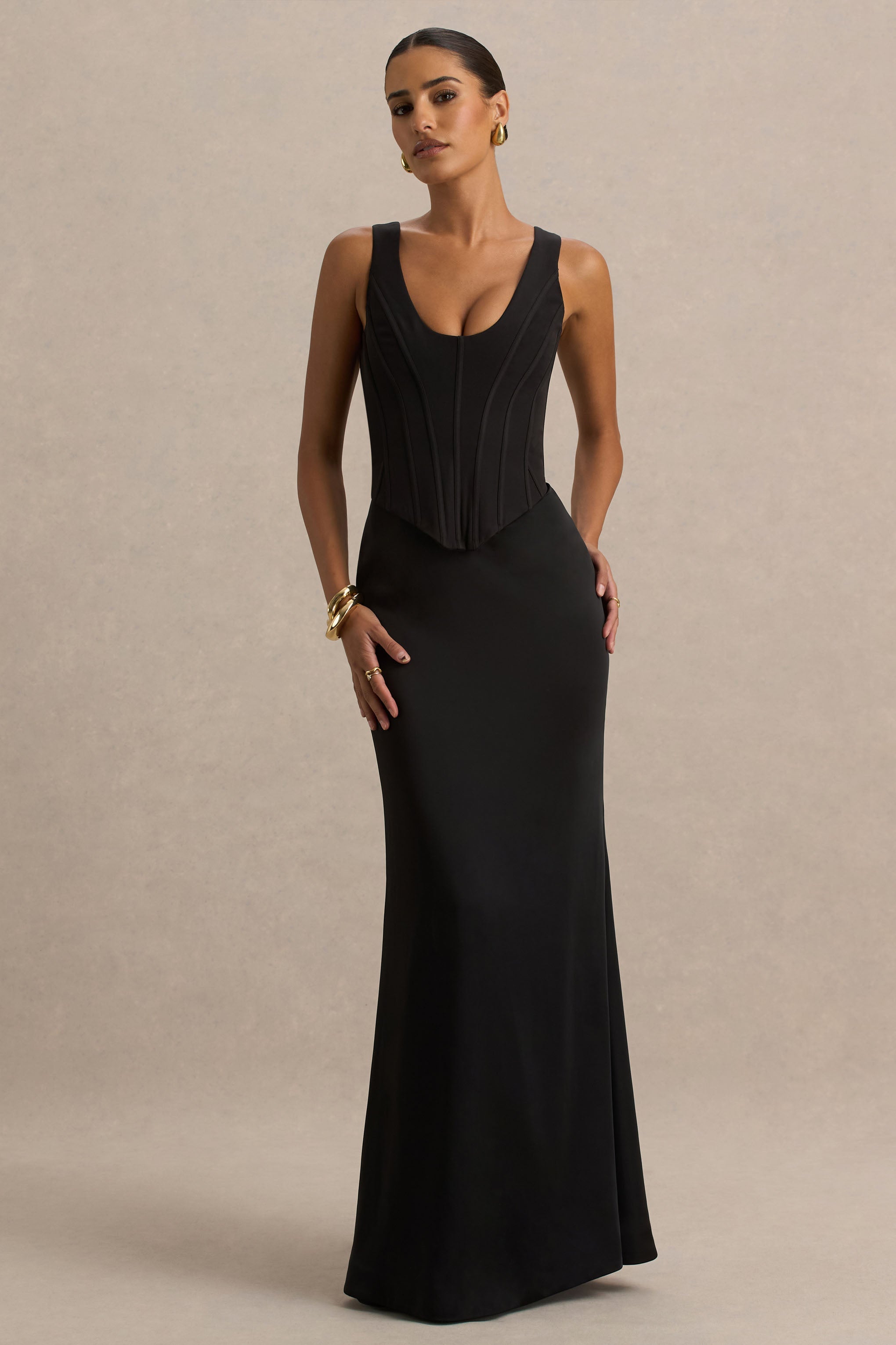 Morgan | Siyah Saten Korse Maxi Elbise