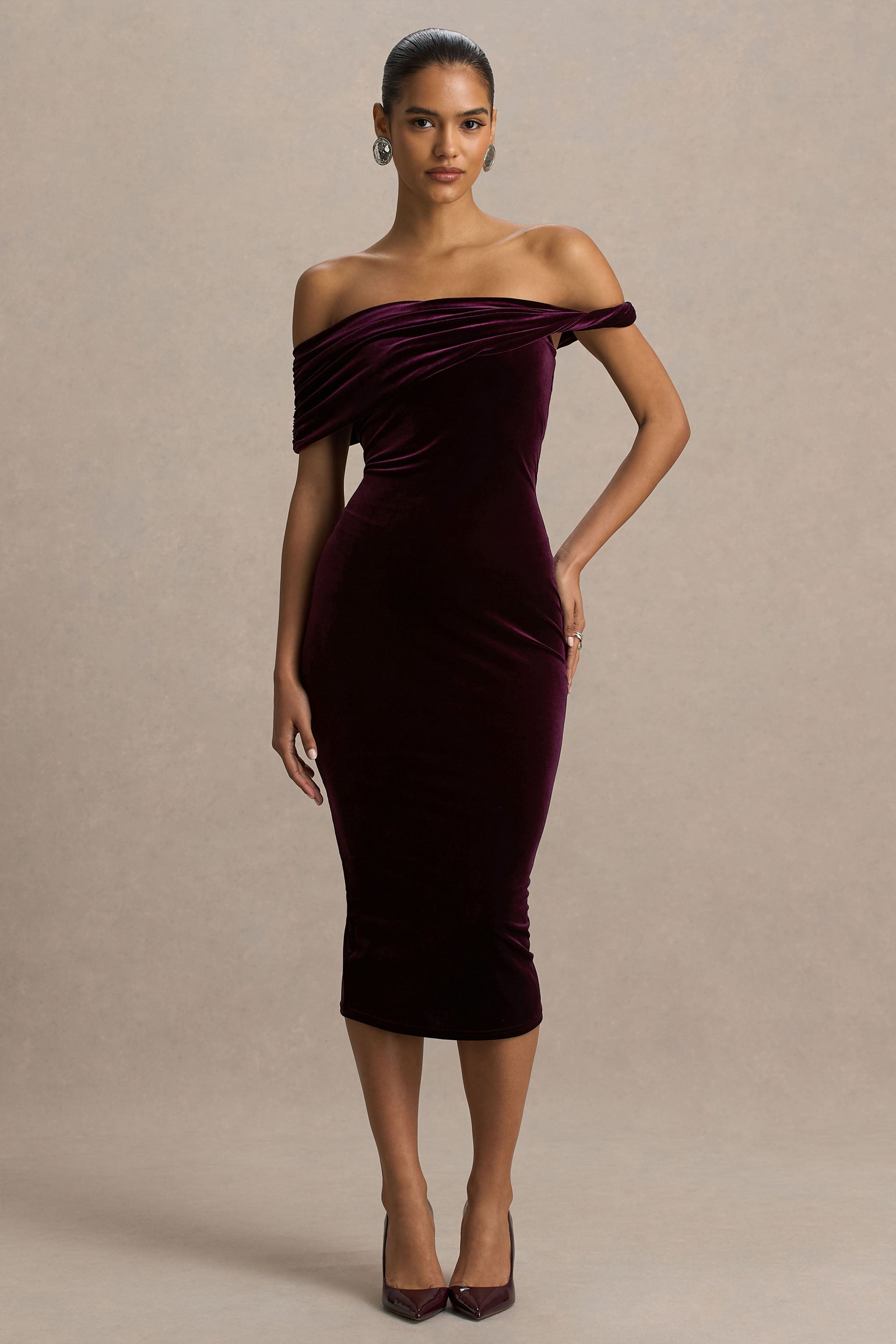 Billie | Bordo Kadife Bardot Yaka Midi Elbise Twist Kolu ile