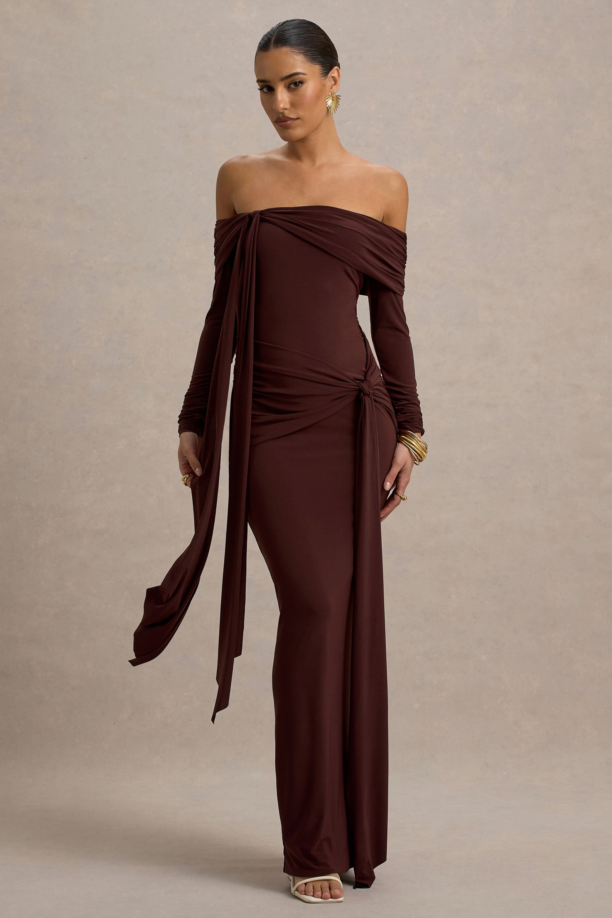 Jovie | Sash Detaylı Kahverengi Bardot Sarma Maxi Elbise