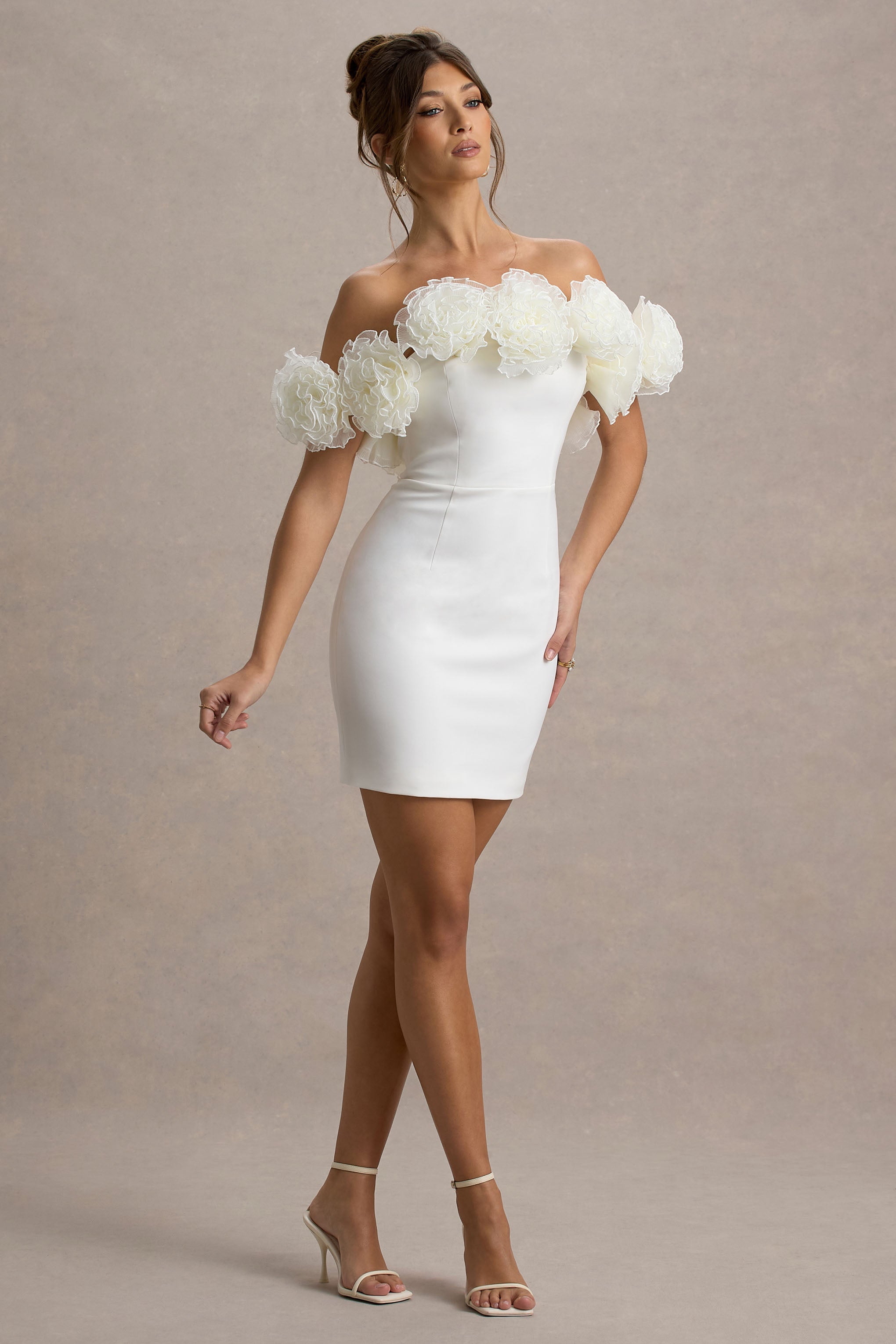 Von | Beyaz Bardot Mini Elbise Ruffle Detaylı
