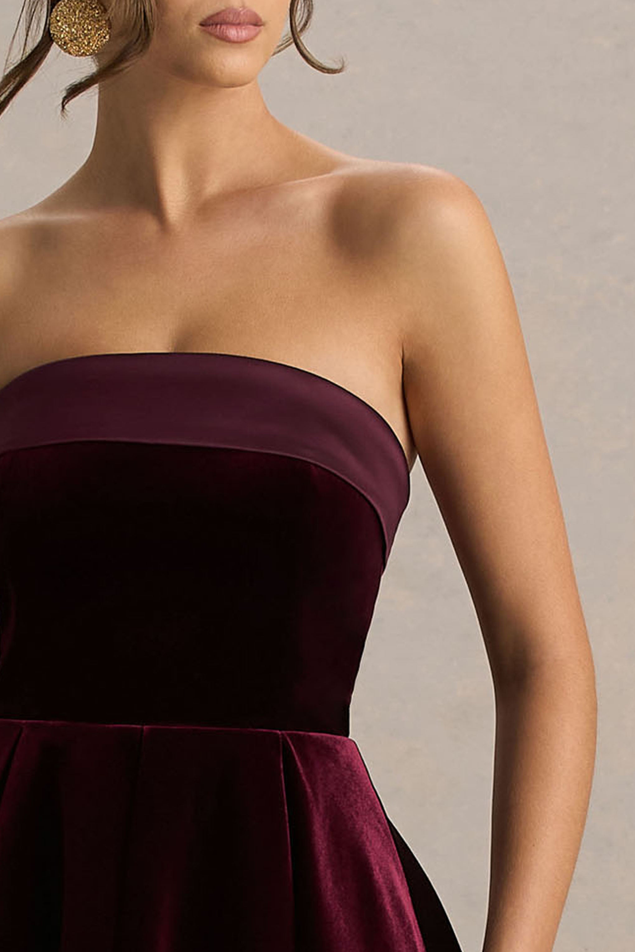Mina | Bordo Kadife ve Saten Bandeau Yaka Kayık Elbise