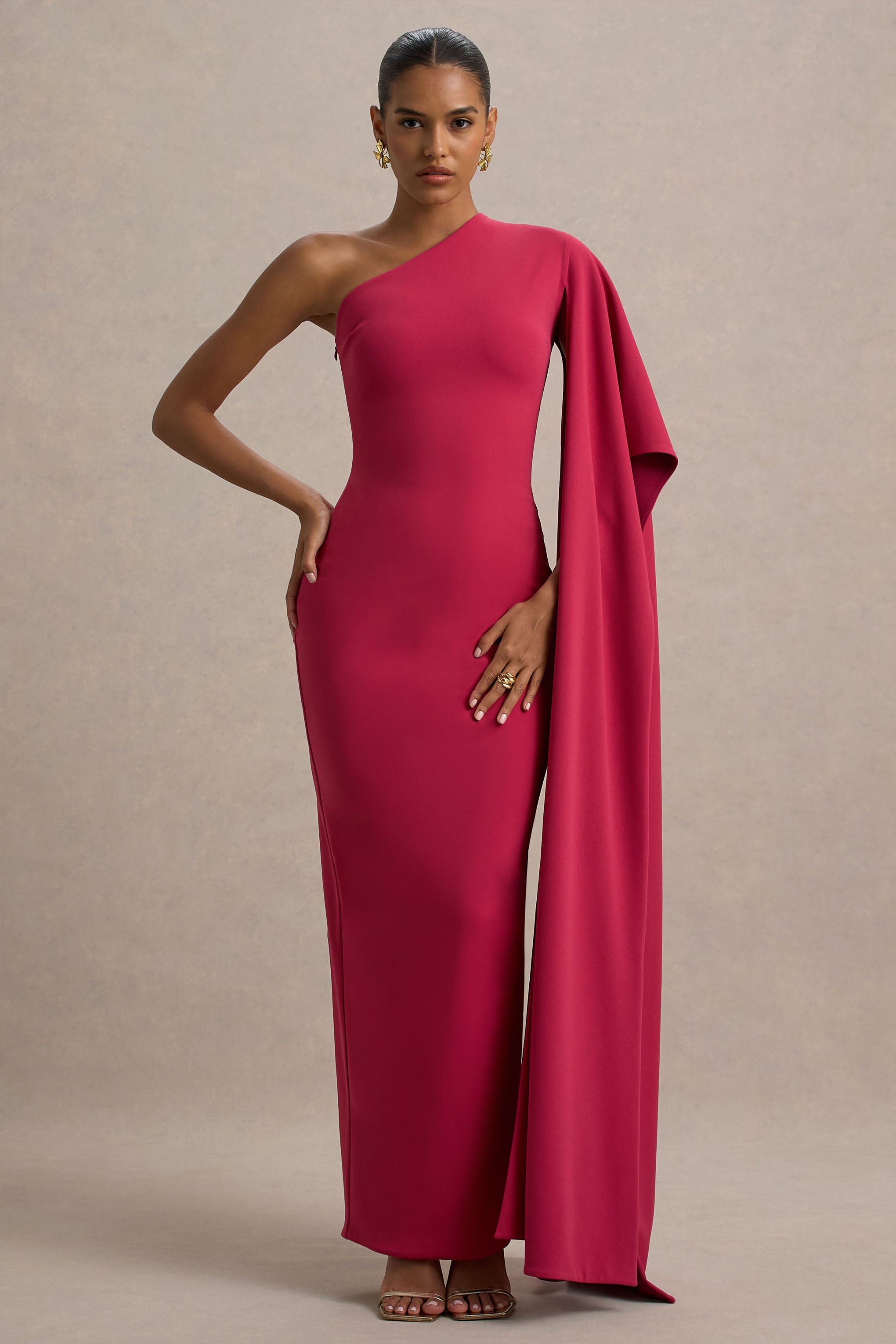 Lily | Hot Pembe ve Bordo Asimetrik Maxi Elbise, Pelerin Kollu