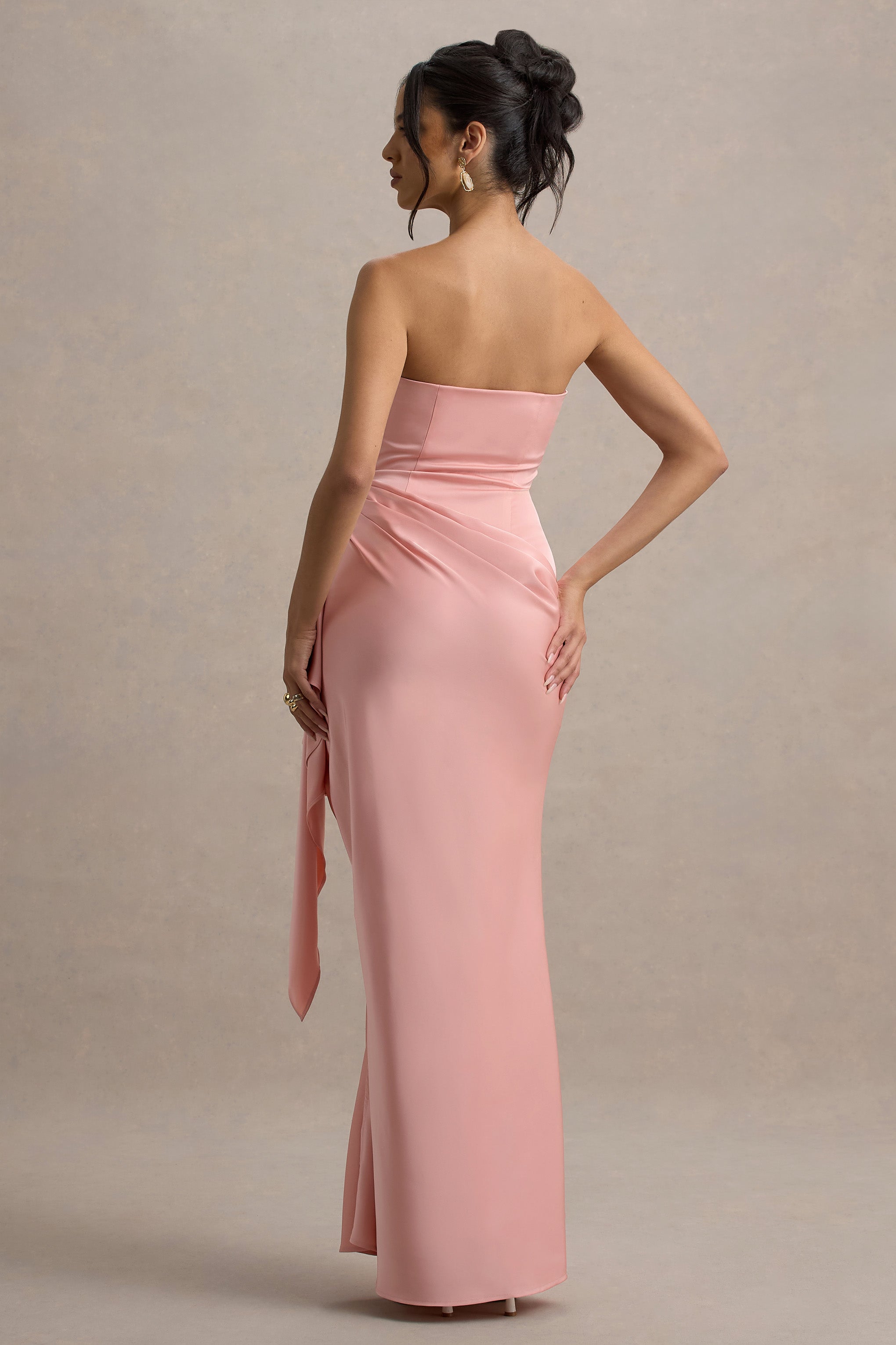 Loz | Açık Pembe Saten Bandeau Drapeli Maxi Elbise