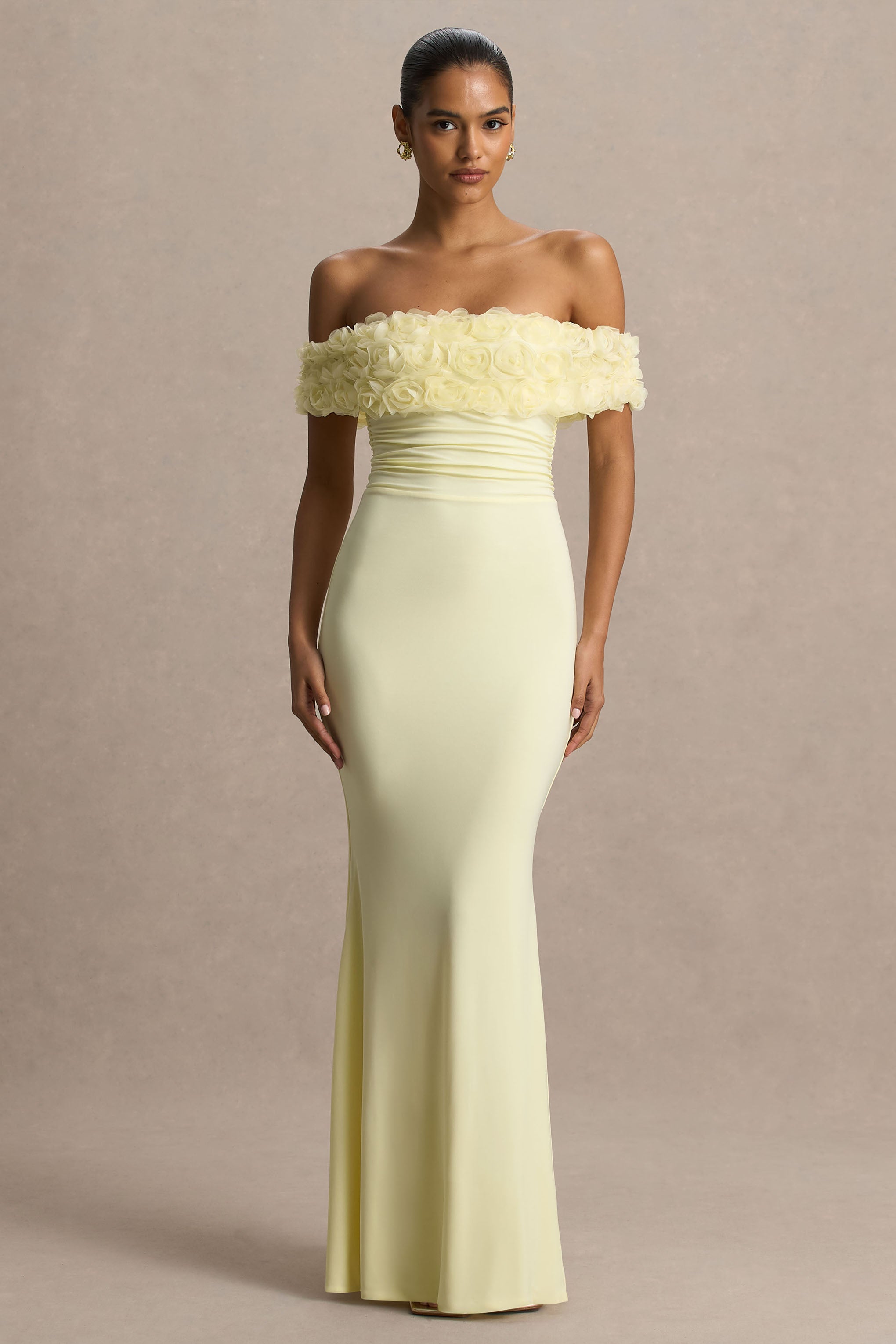 Pastille | Şifon Detaylı Limon Çiçekli Bardot Maxi Elbise