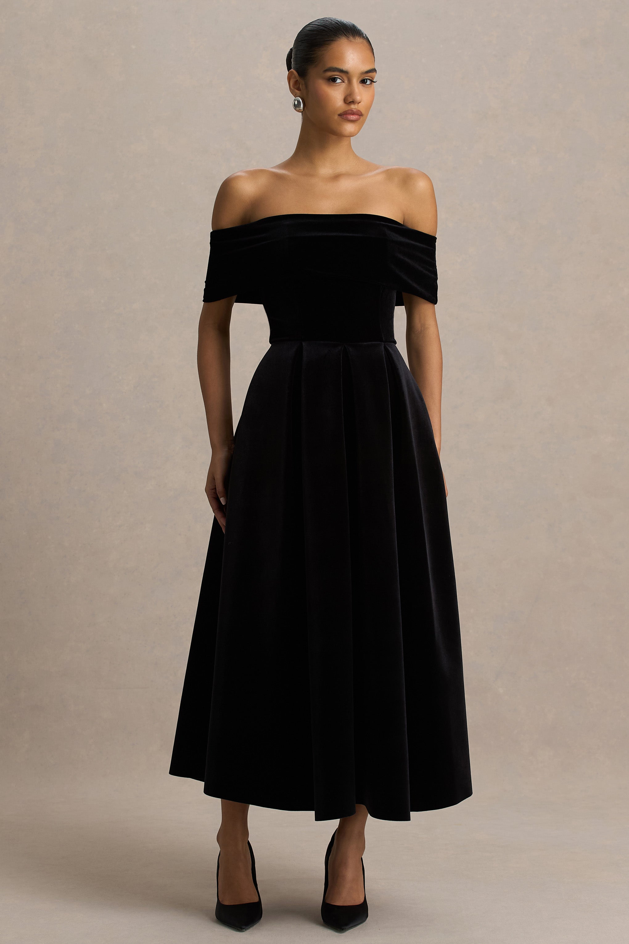 Ablaze | Siyah Kadife Bardot Yaka Maxi Elbise