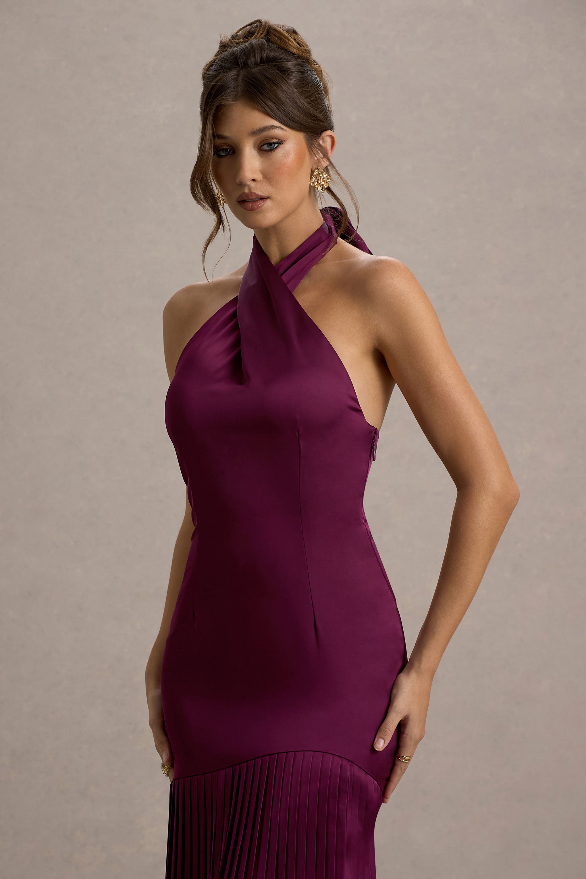 Sansa | Bordo Saten Çapraz Halter Yaka Plise Maxi Elbise