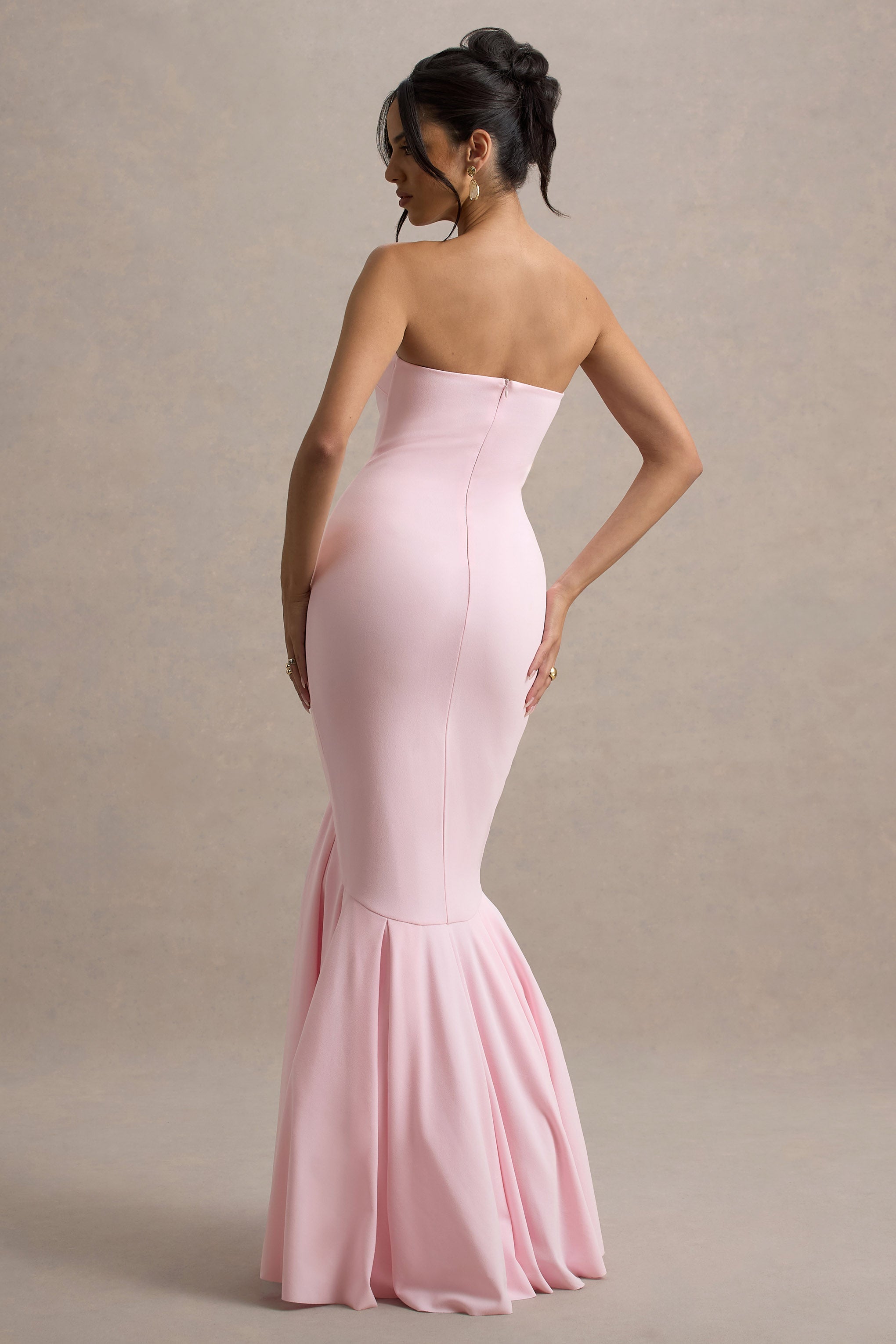 Angela | Pembe Bandeau Kuyruklu Maxi Elbise