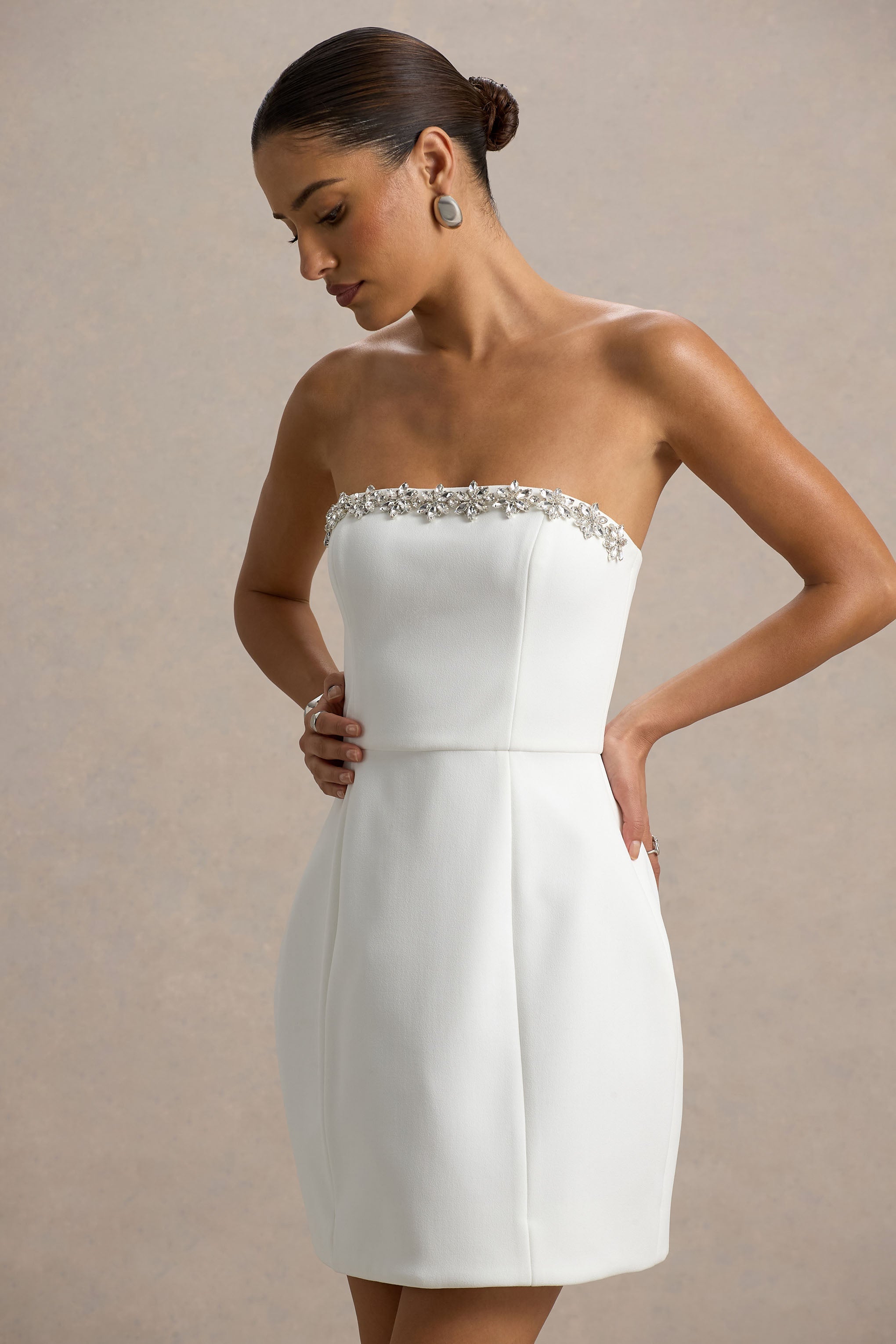 Bobbie | Beyaz Süslemeli Bandeau Mini Elbise