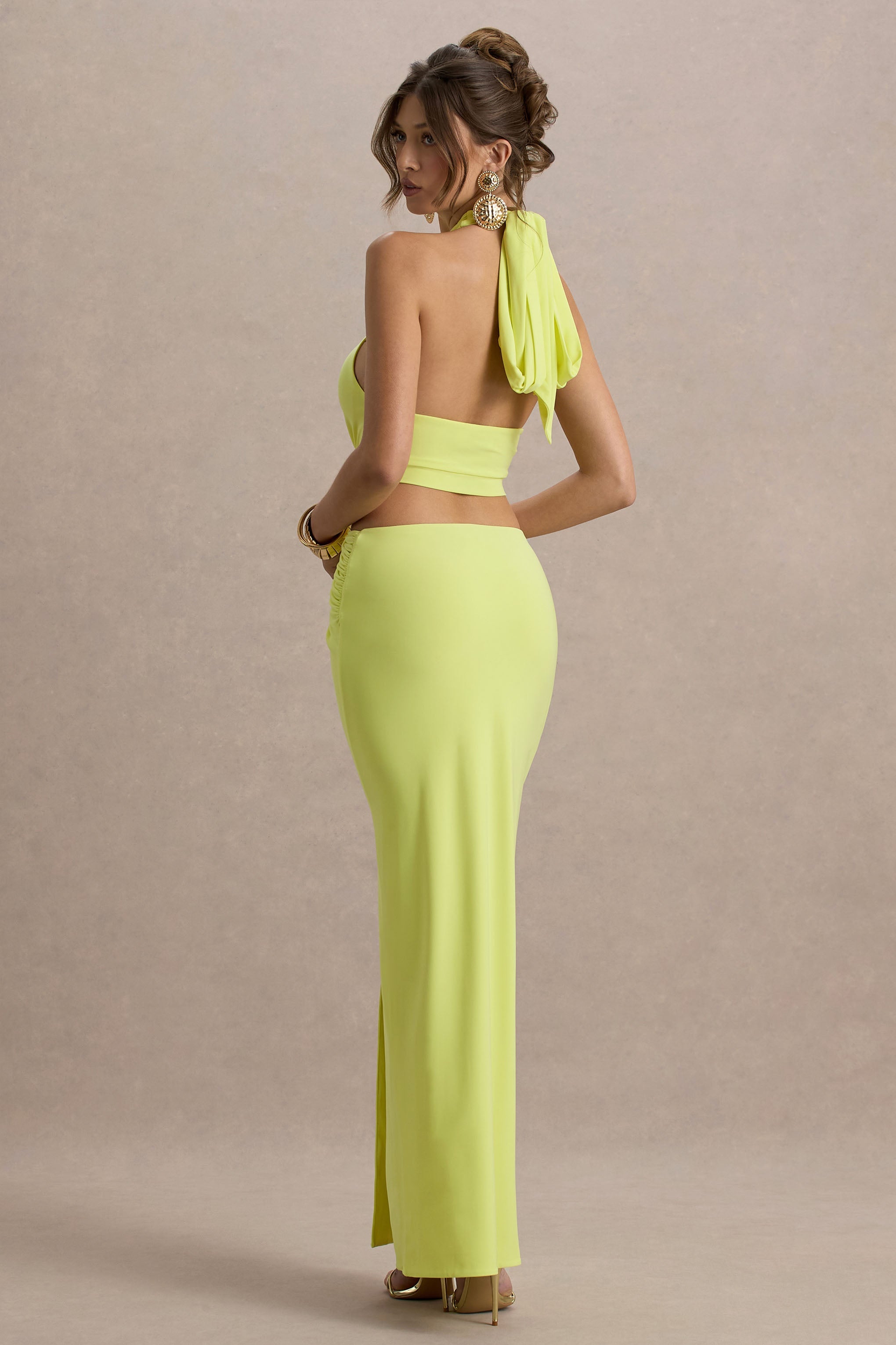 Aura | Lime Yeşil Halter Yaka Kesik Detaylı Maxi Elbise