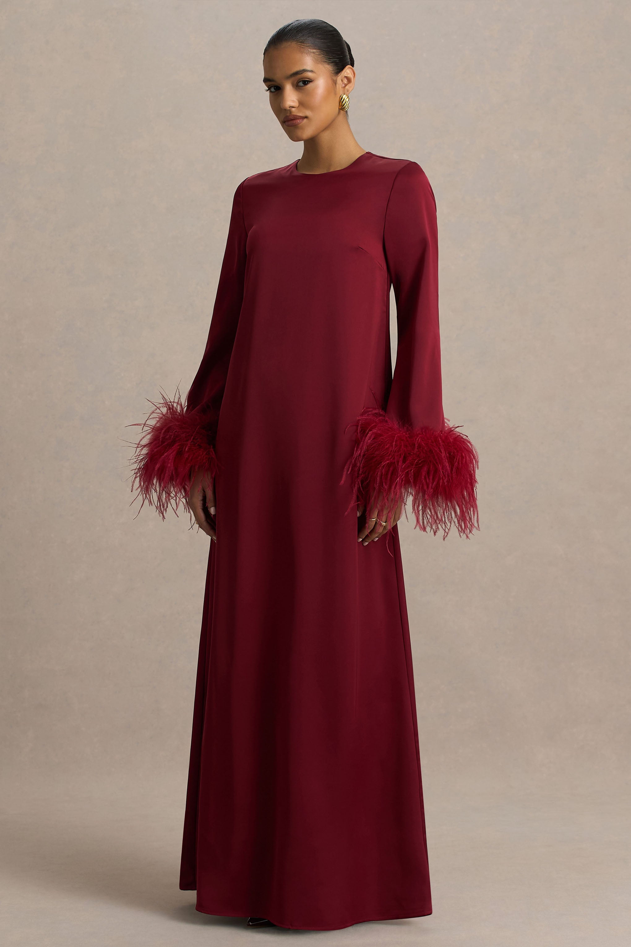 Adella | Bordo Saten Tüy Detaylı Maxi Elbise