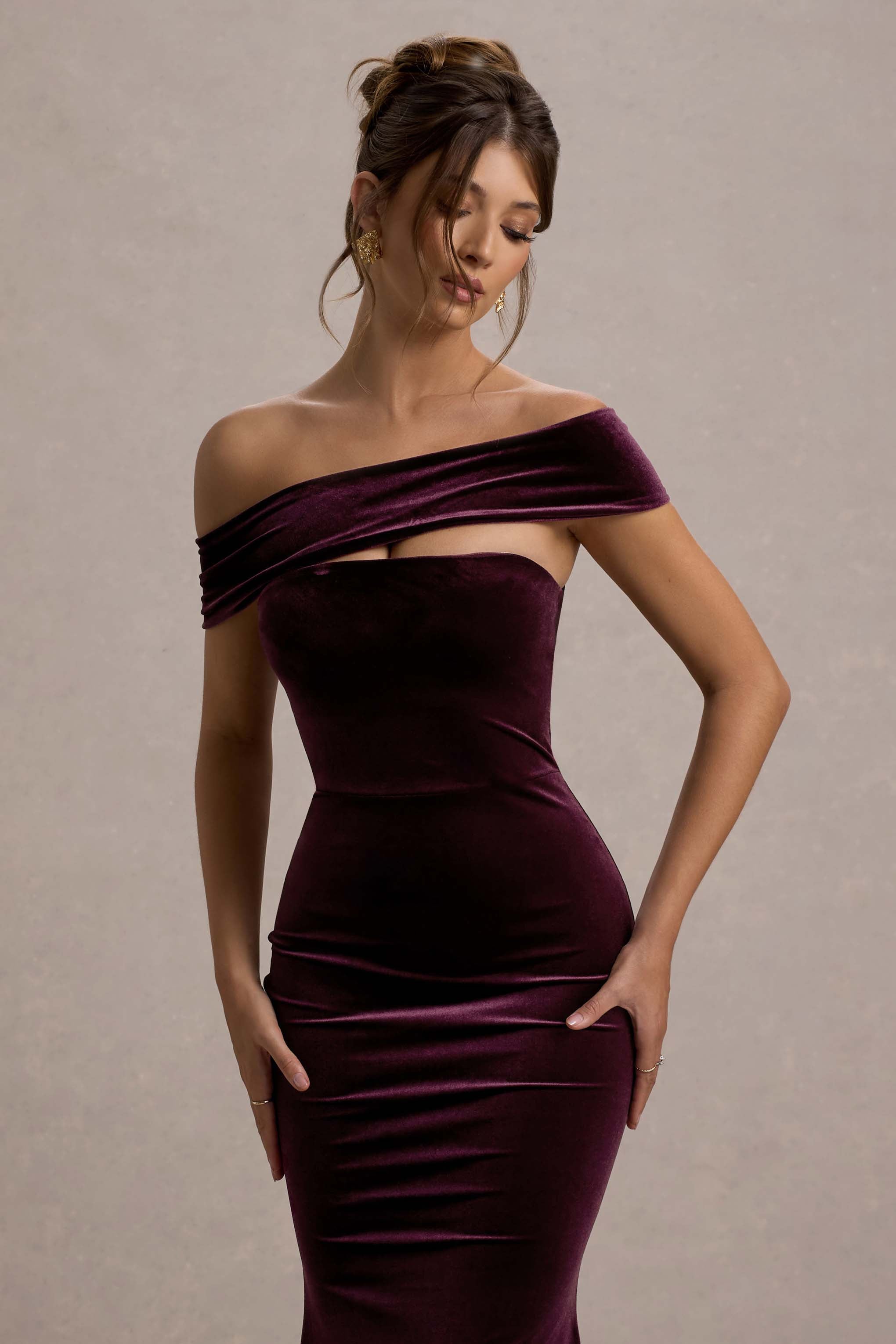Candela | Port Kadife Asimetrik Bardot Maxi Elbise