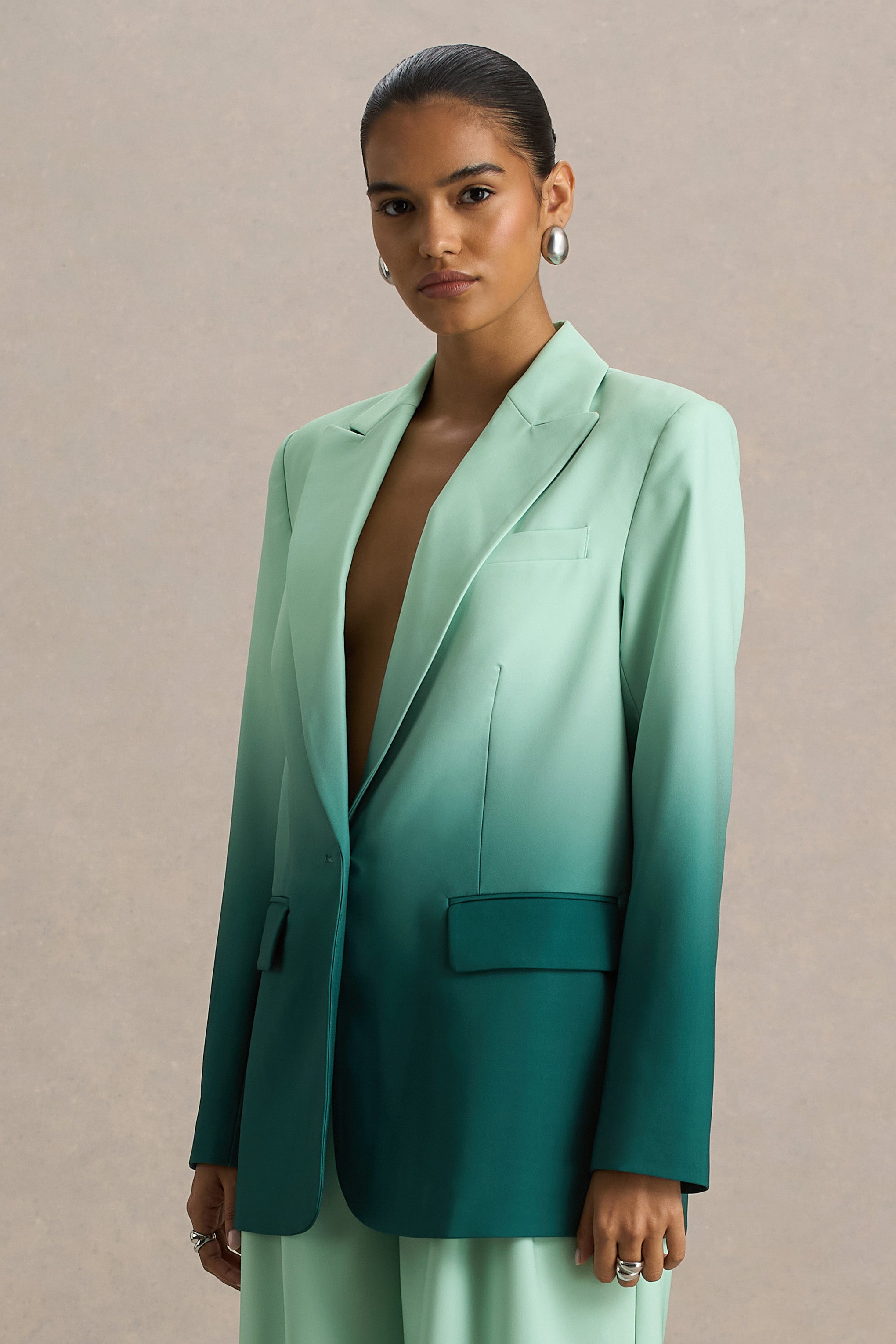 Enya | Zümrüt Ombre Derin Yaka Saten Blazer