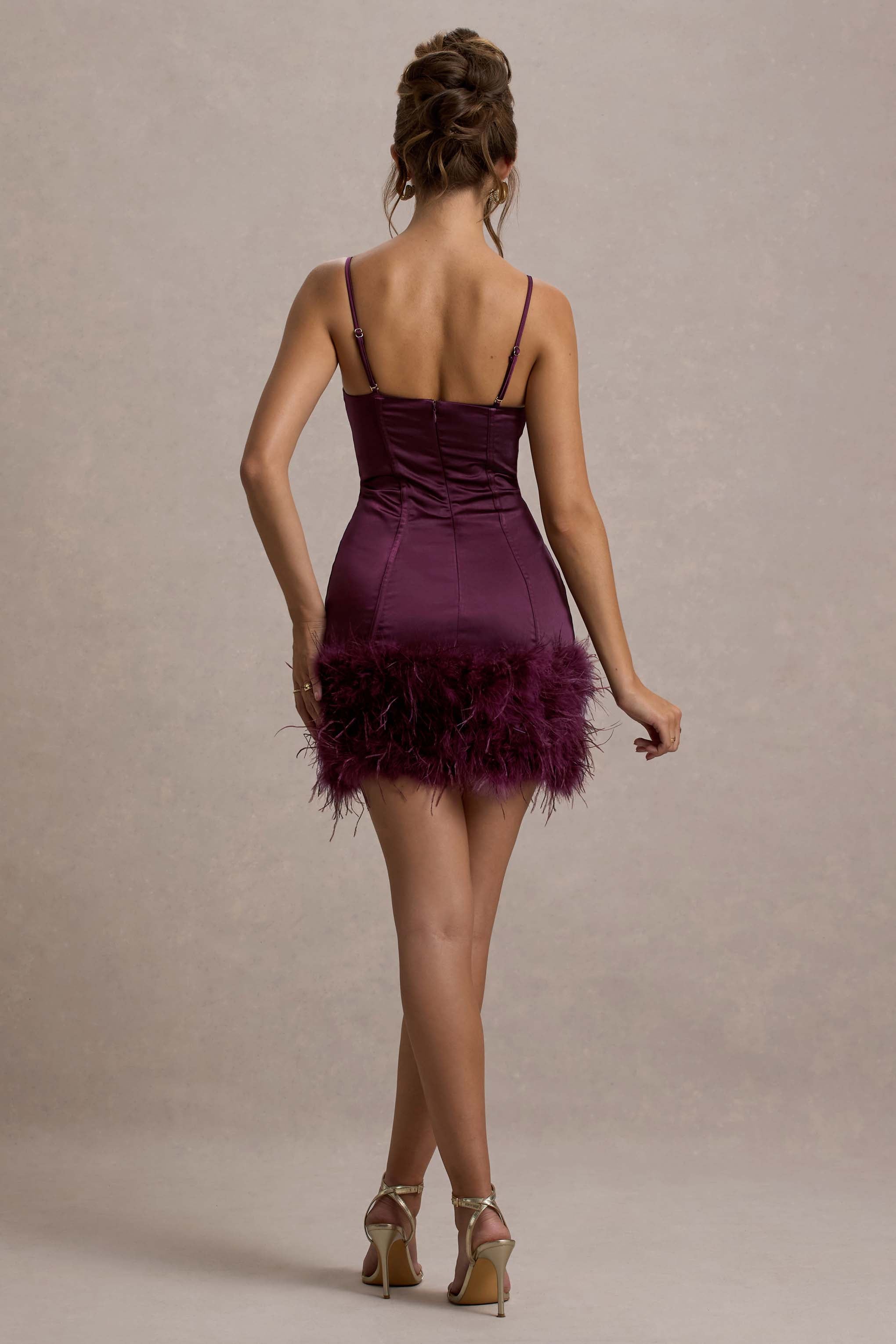 Vampira | Bordo Saten Korse Tüy Mini Elbise
