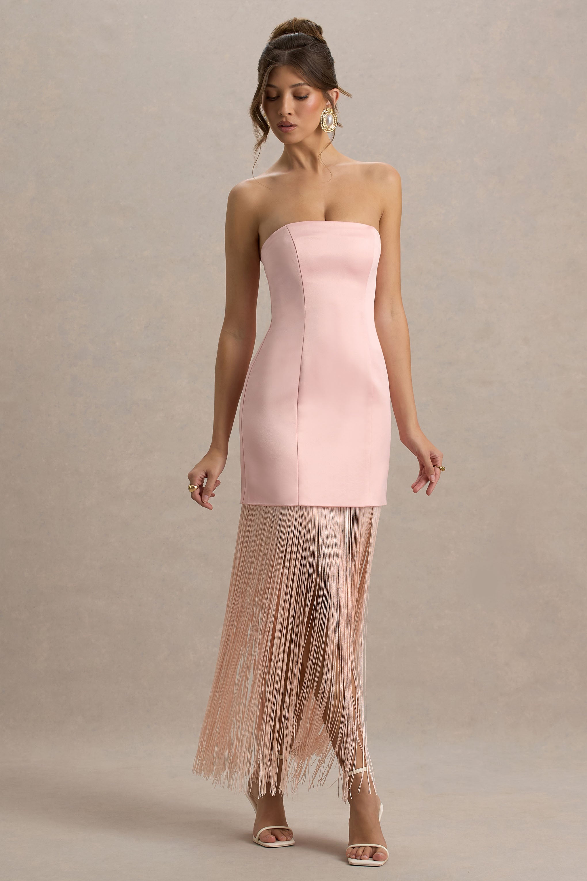Trinity | Fransalı Pembe Saten Bandeau Maxi Elbise