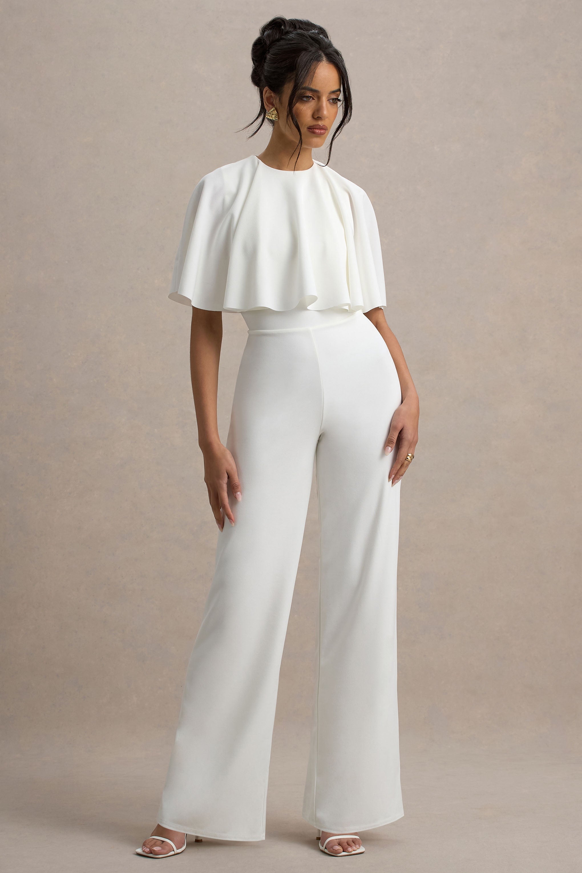 Leanna | Beyaz Düz Paça Jumpsuit Pelerin ile