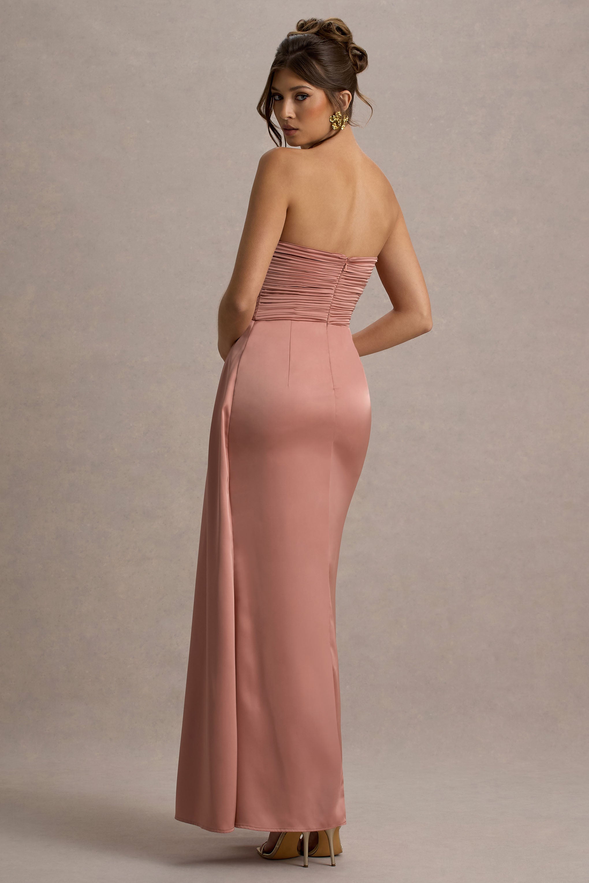 Edel | Pembe Saten Straplez Maxi Elbise