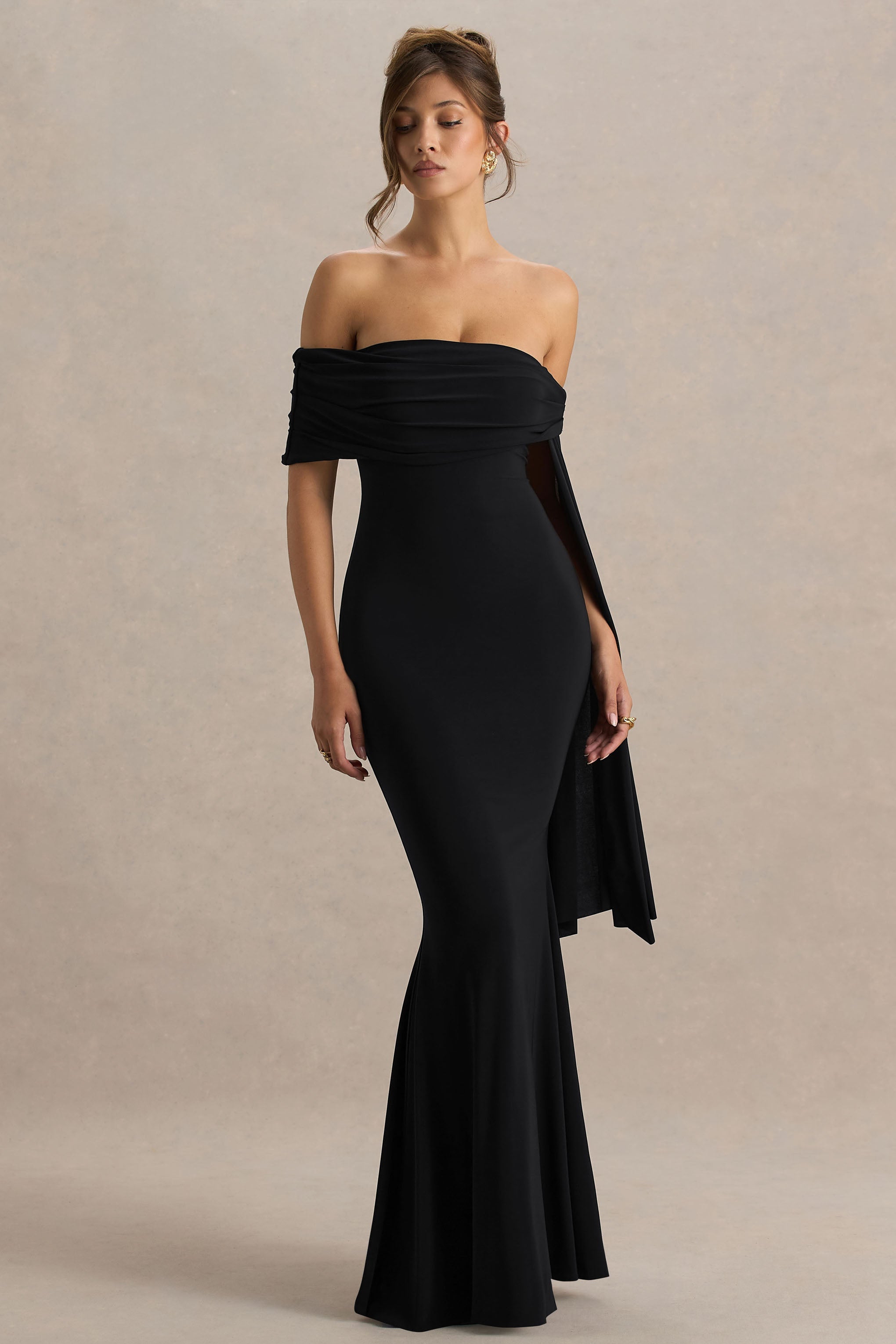 Saffina | Sash Detaylı Siyah Bardot Yaka Maxi Elbise