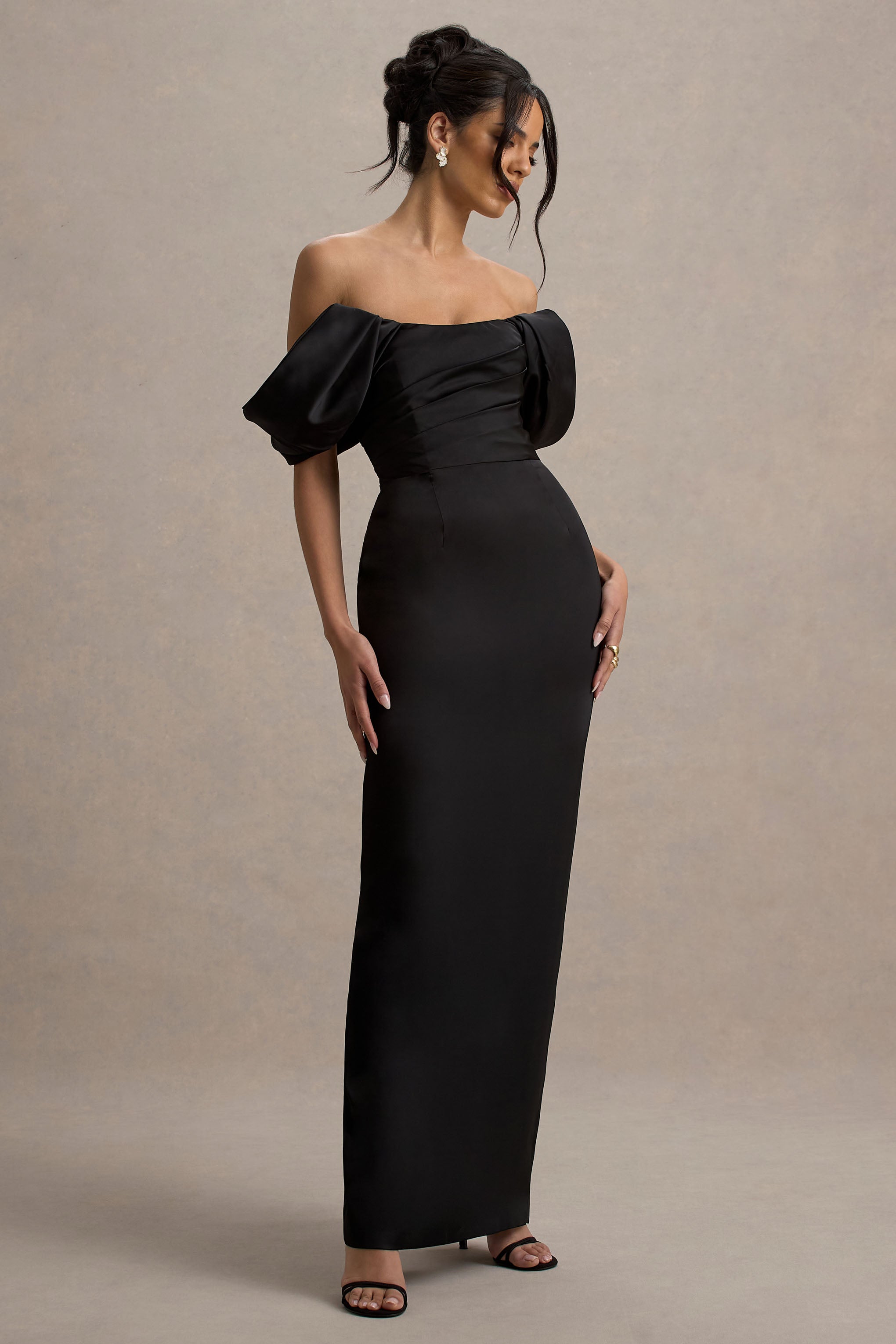 Annita | Siyah Saten Bardot Maxi Elbise
