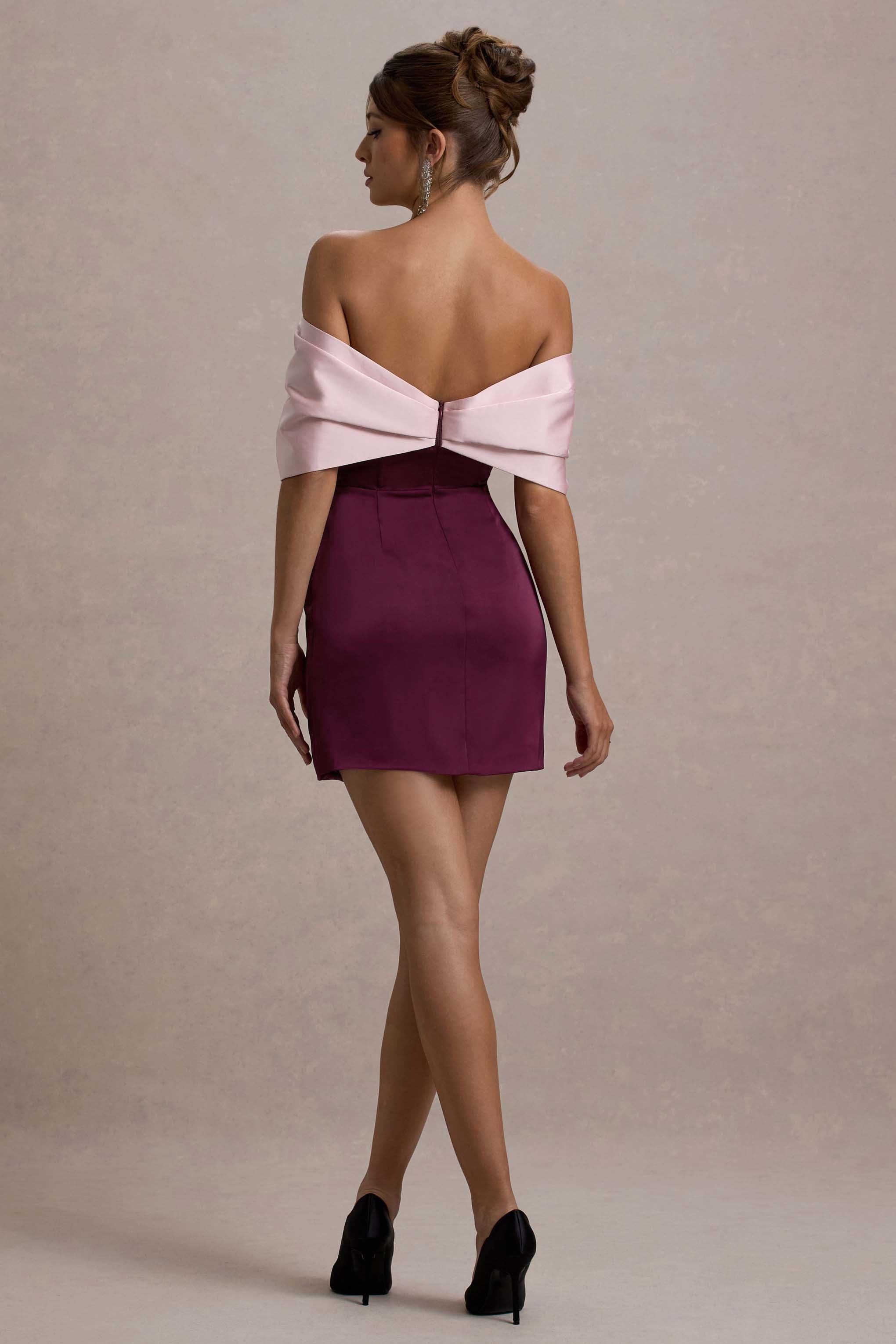 Linley | Bordo & Pembe Saten Fiyonk Bardot Mini Elbise