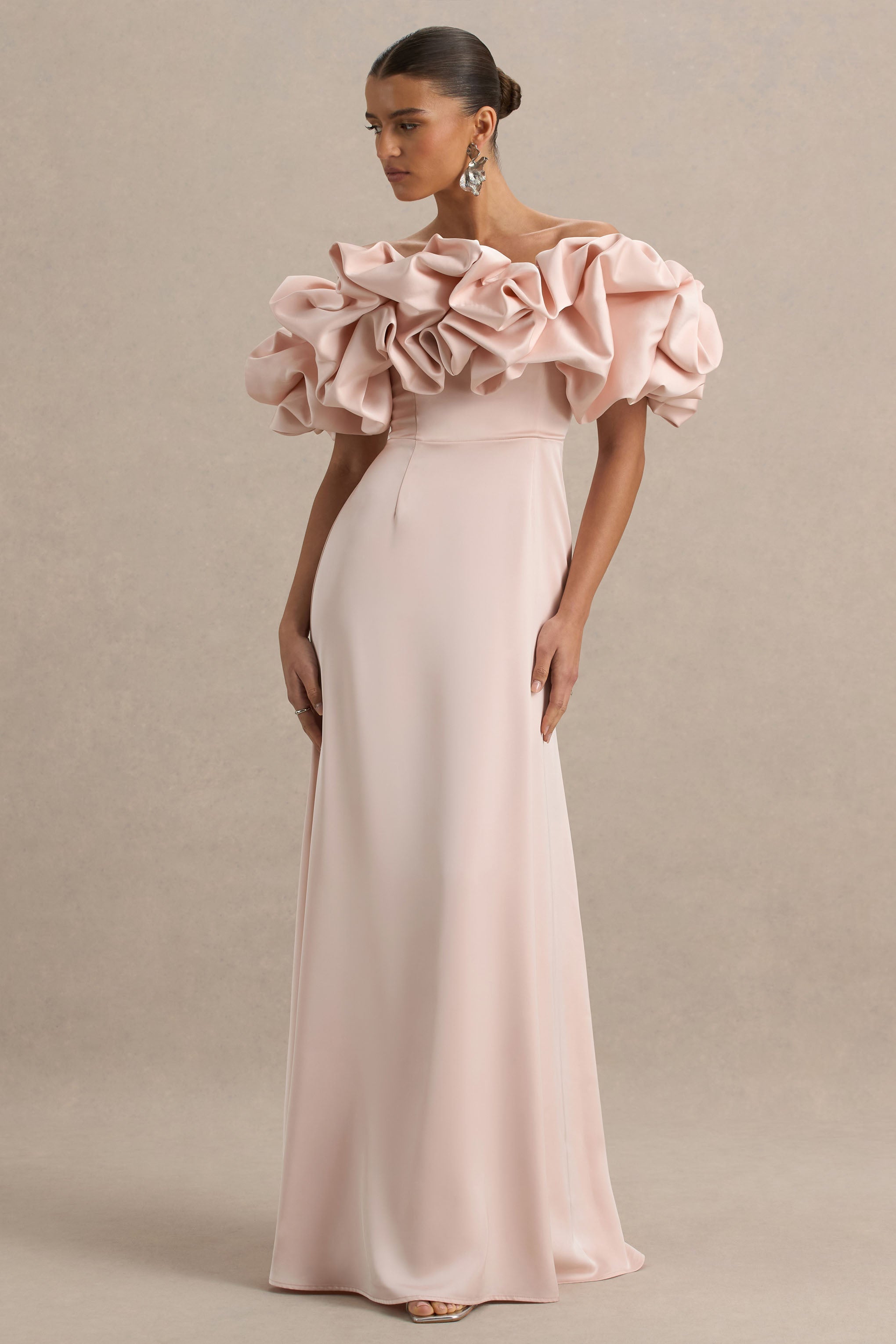Allie | Soluk Pembe Puff Bardot Maxi Elbise