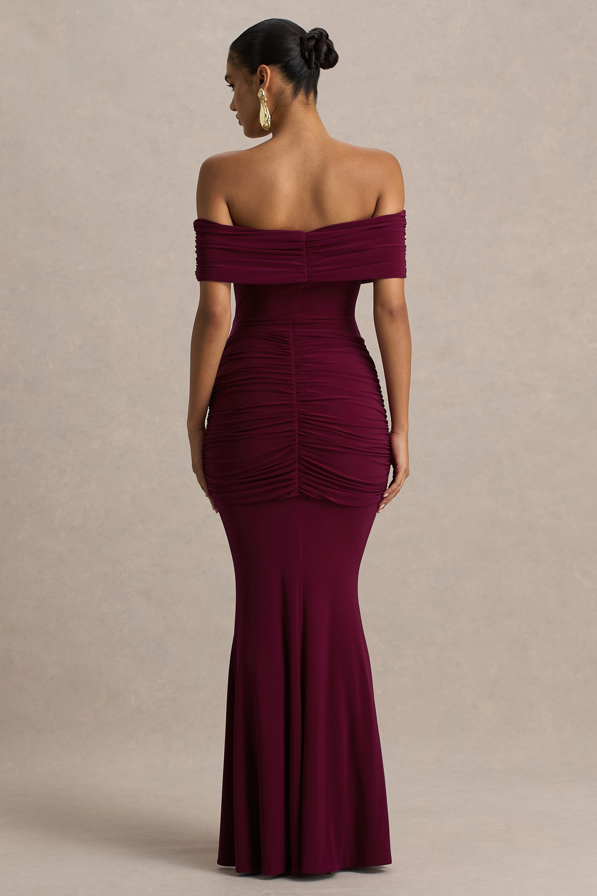Hayal Edilen | K gathered ve Drape Detaylı Bordo Bardot Yaka Maxi Elbise