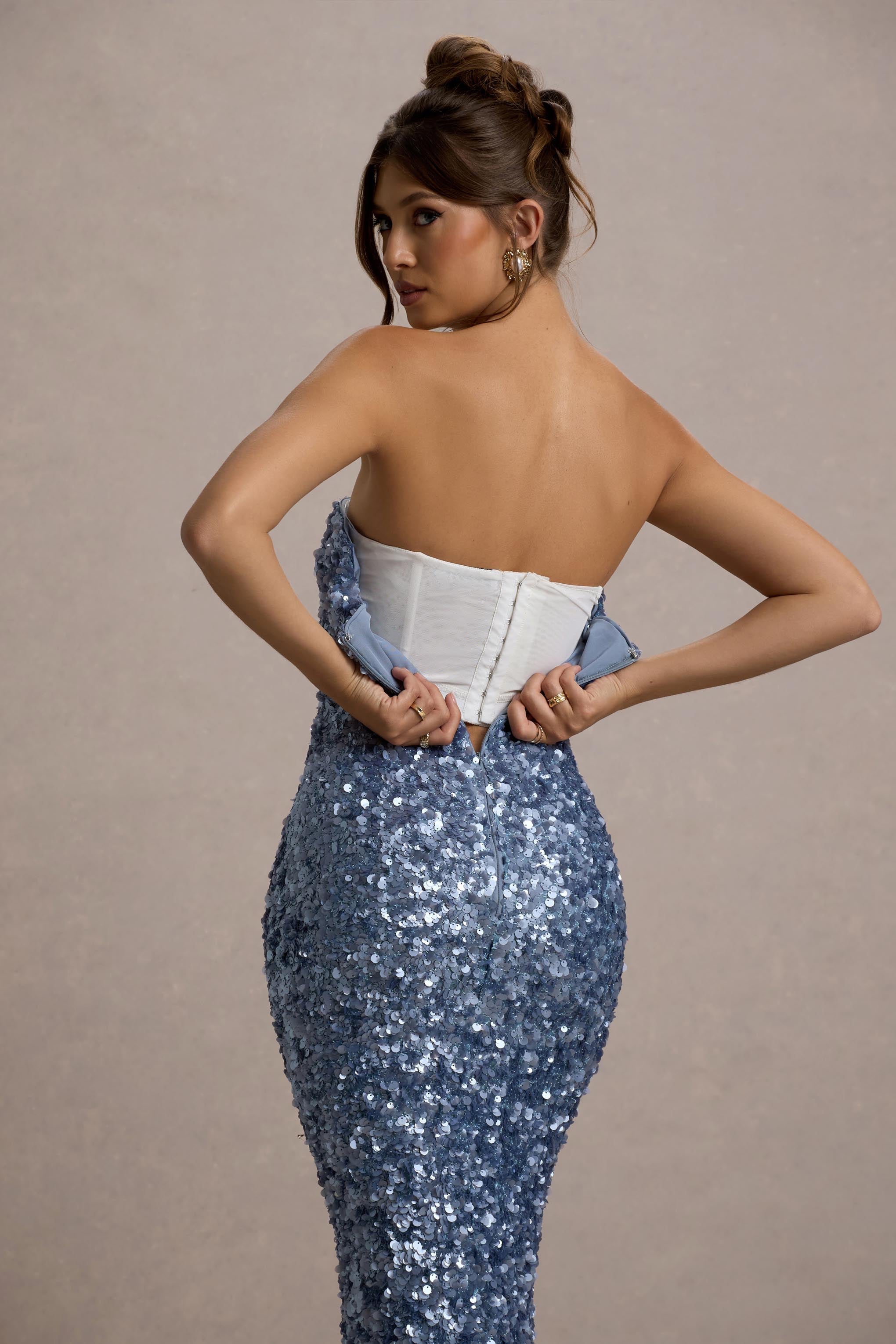 Evabeth | Pudra Mavi Payet Straplez Maxi Elbise