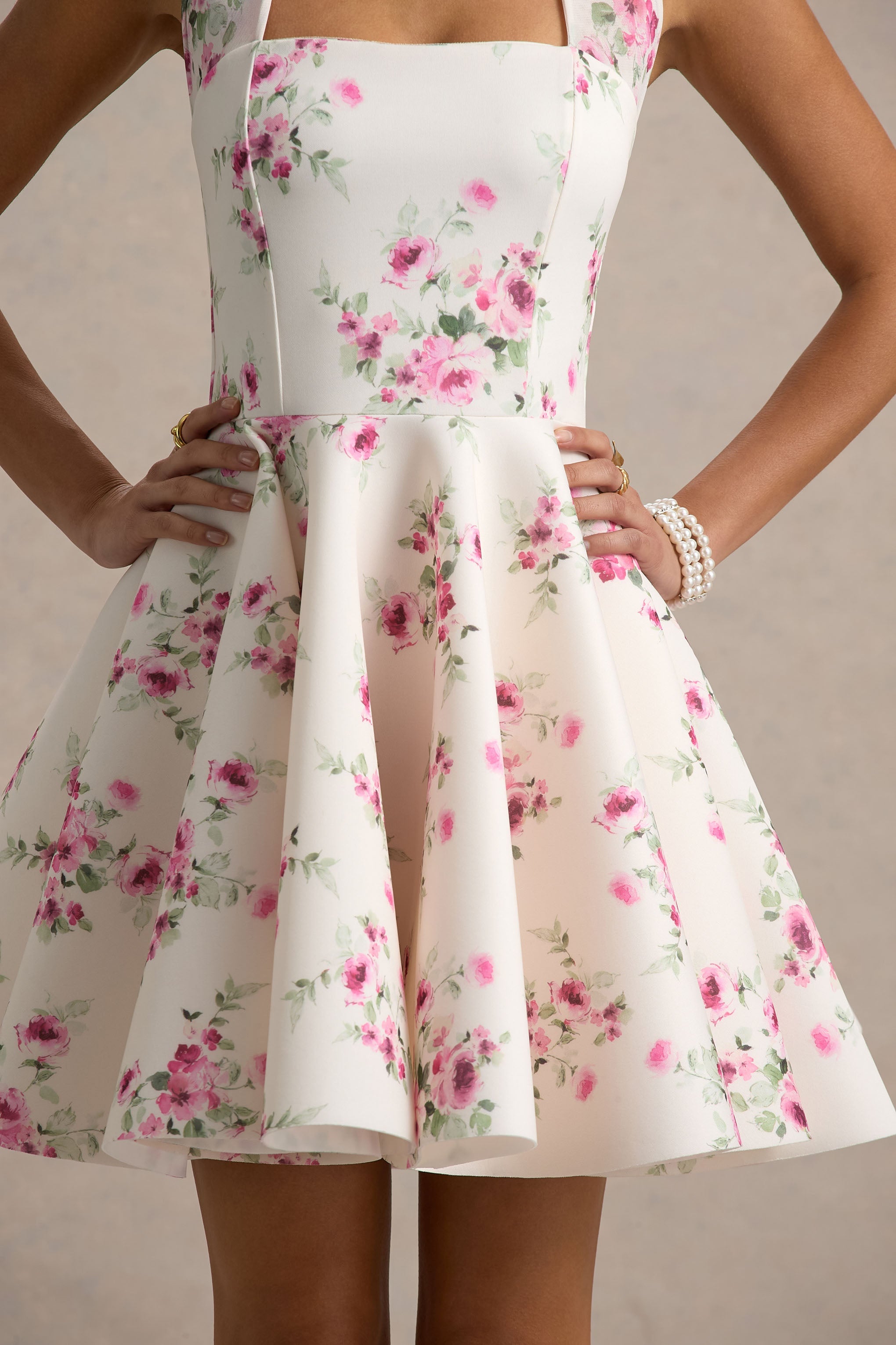 Peggy | Krem ve Pembe Halter Yaka Mini Elbise