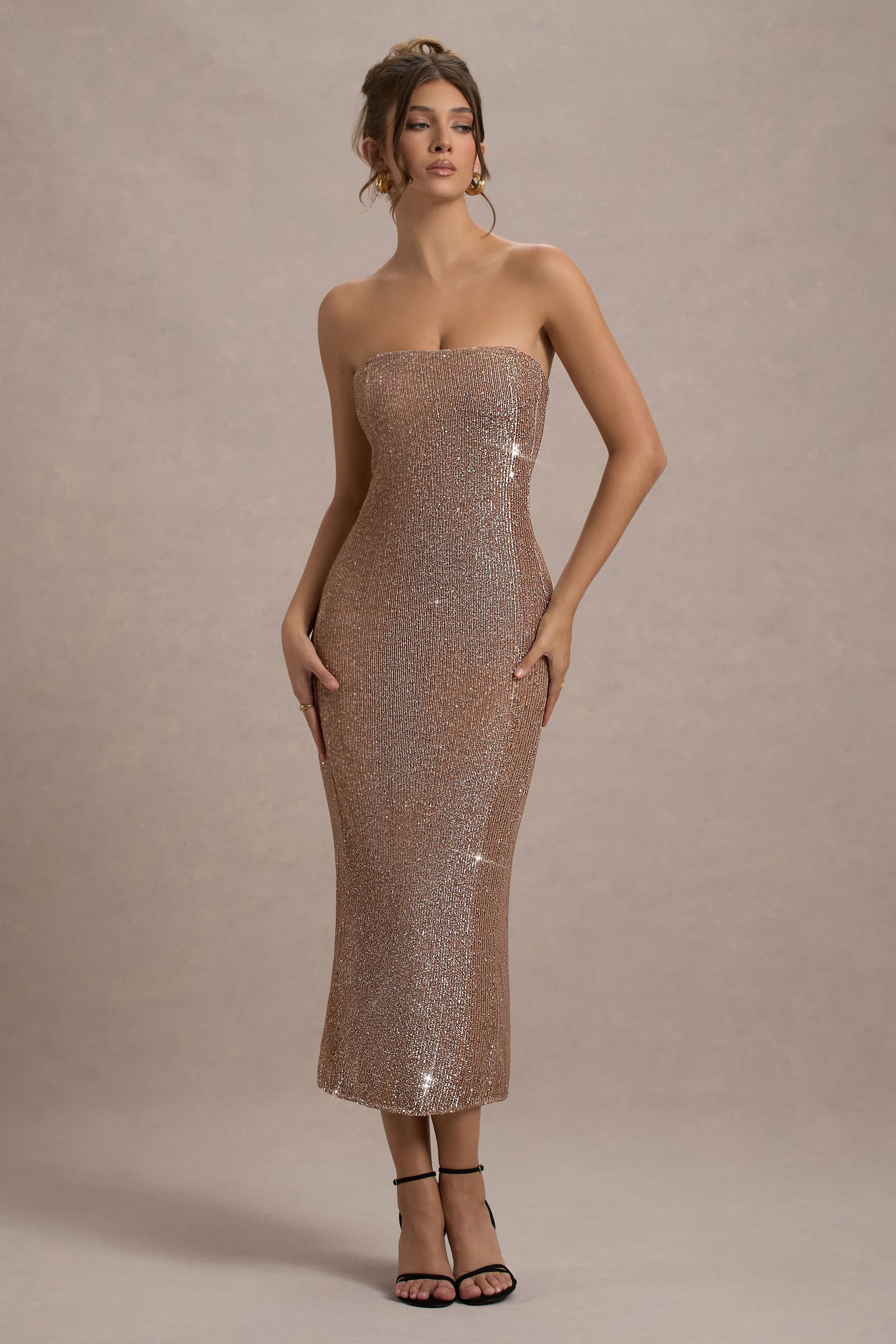 Lilabelle | Pembe Altın Plise Payet Bandeau Midi Elbise