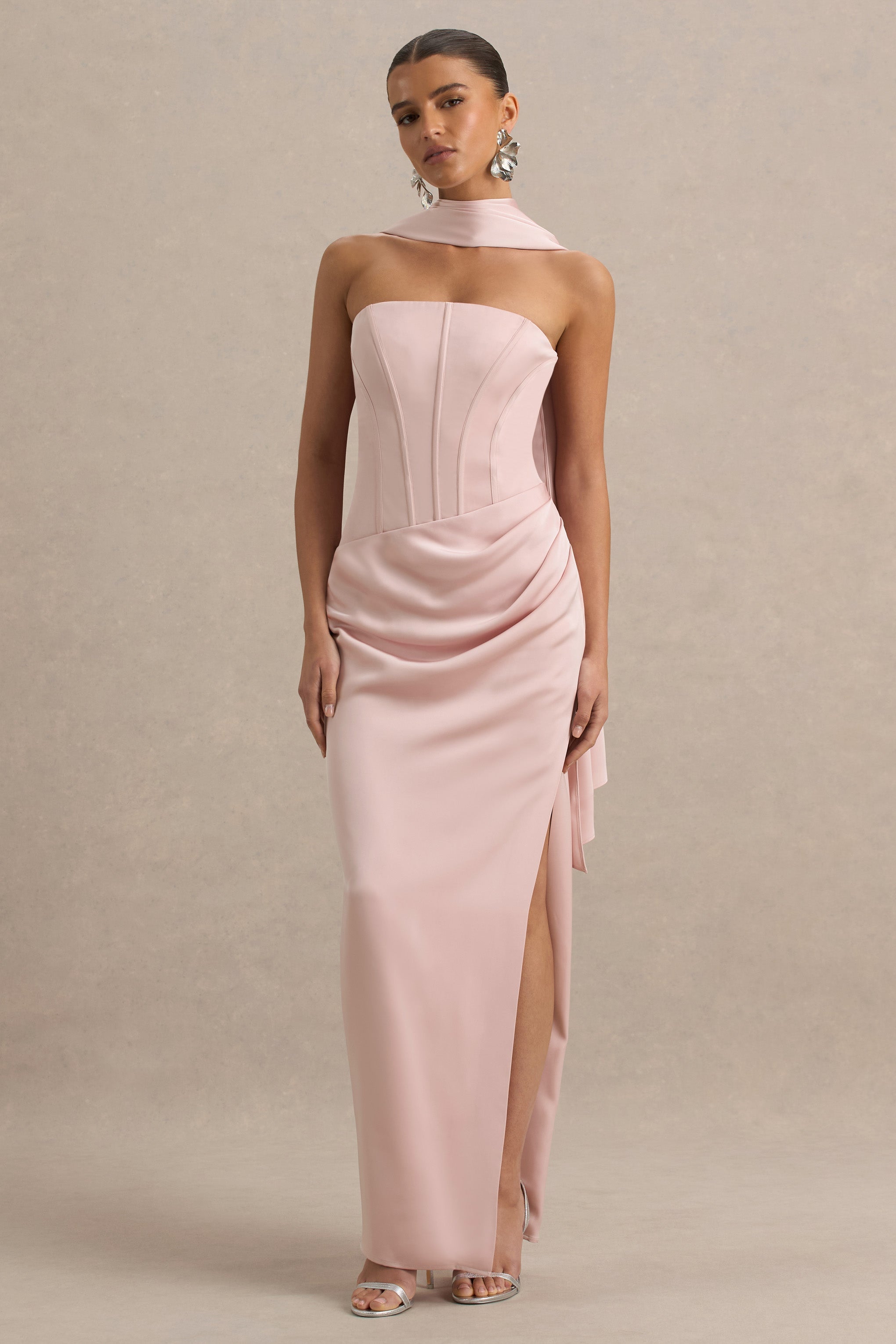 Joseline | Soluk Pembe Saten Korse Sarma Maxi Elbise Şal ile