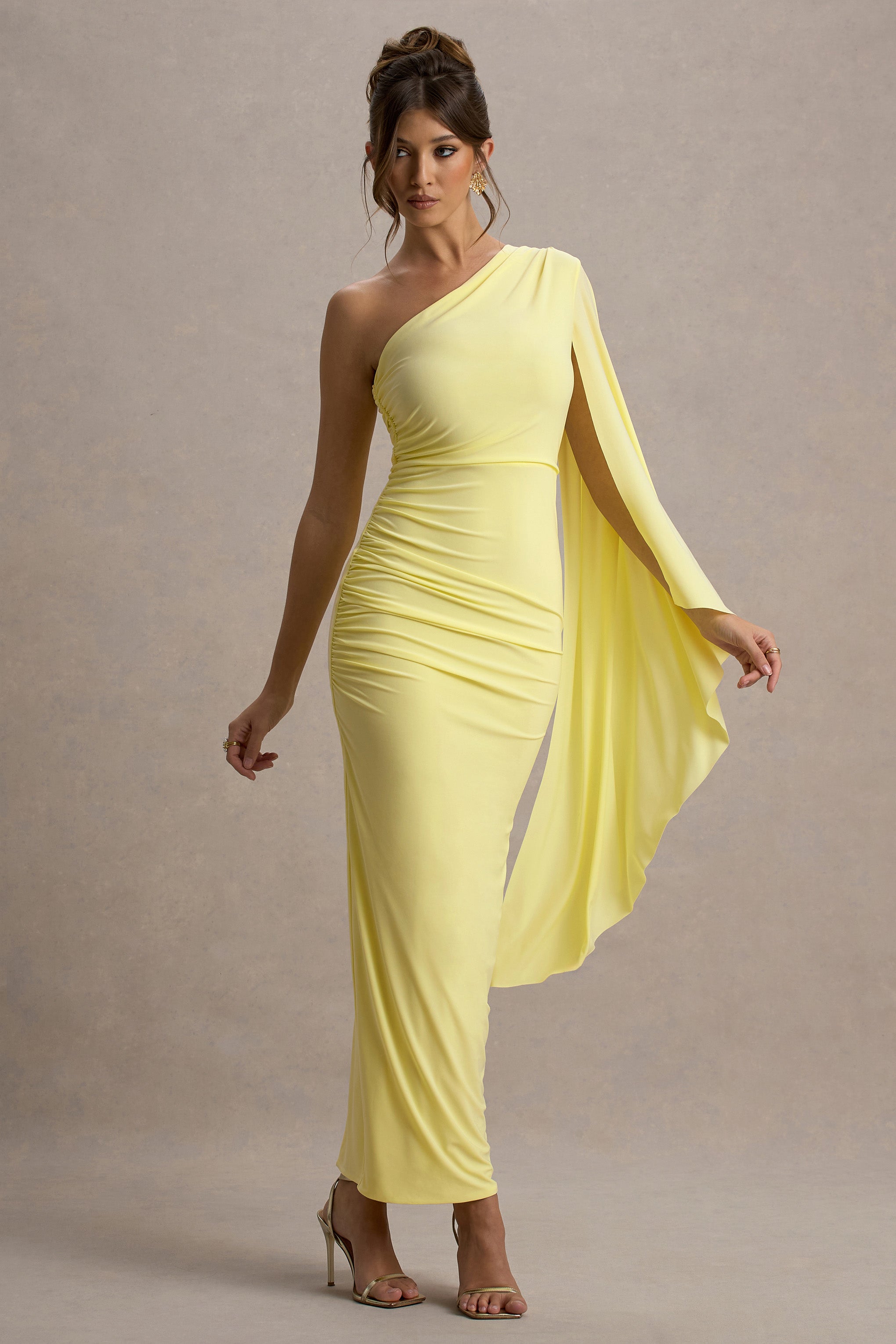 Clementina | Limon Asimetrik Pelerin Kol Maxi Elbise