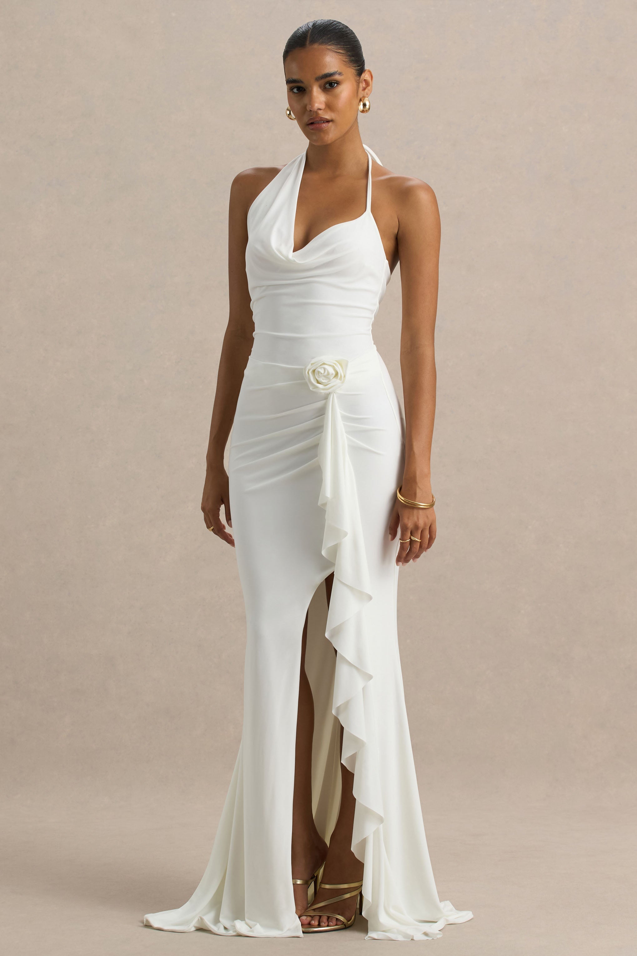 Lucena | Korsaj Detaylı ve Ön Yüksek Yırtmaçlı Beyaz Cowl-Neck Maxi Elbise