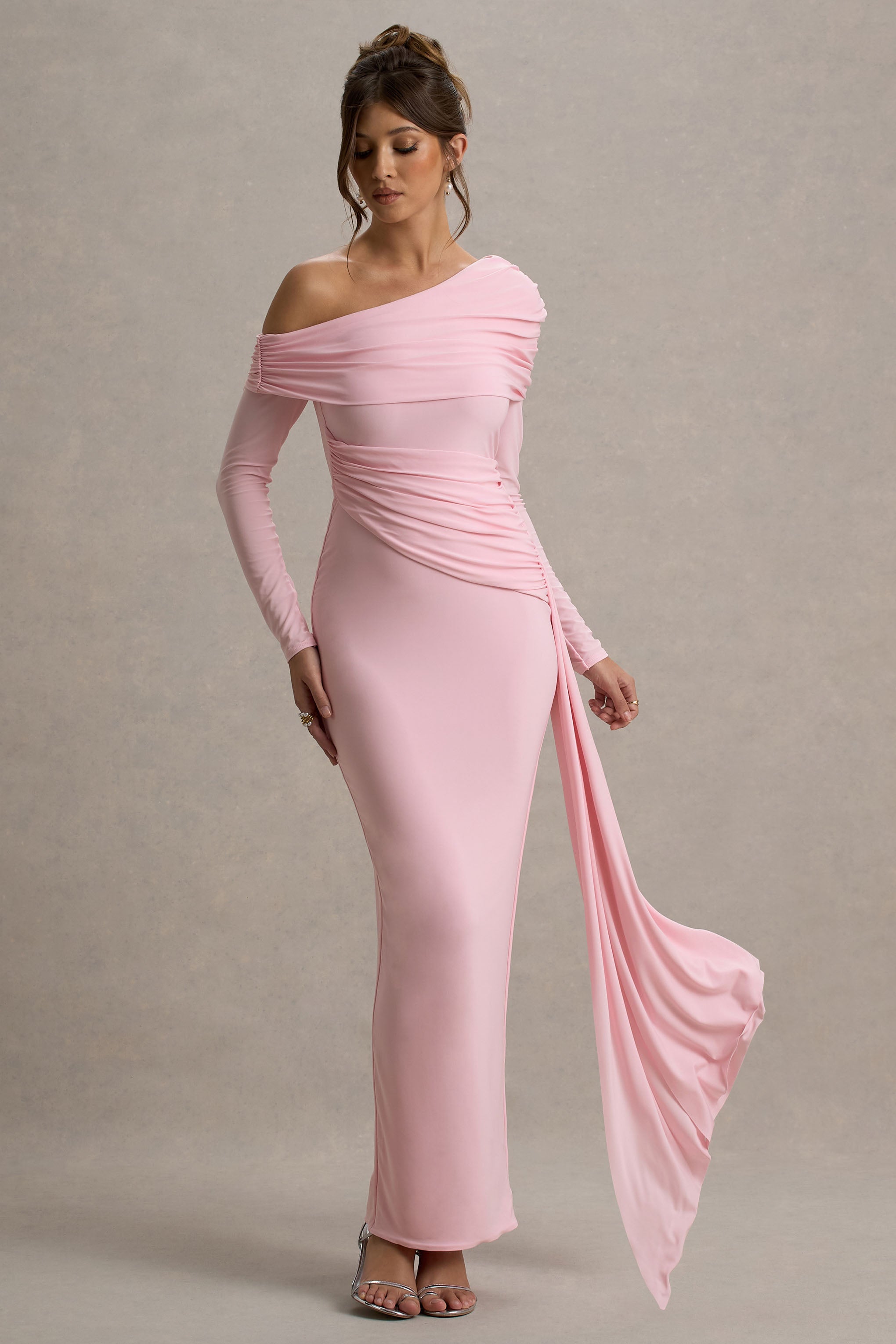 Valina | Drapeli Pembe Asimetrik Maxi Elbise