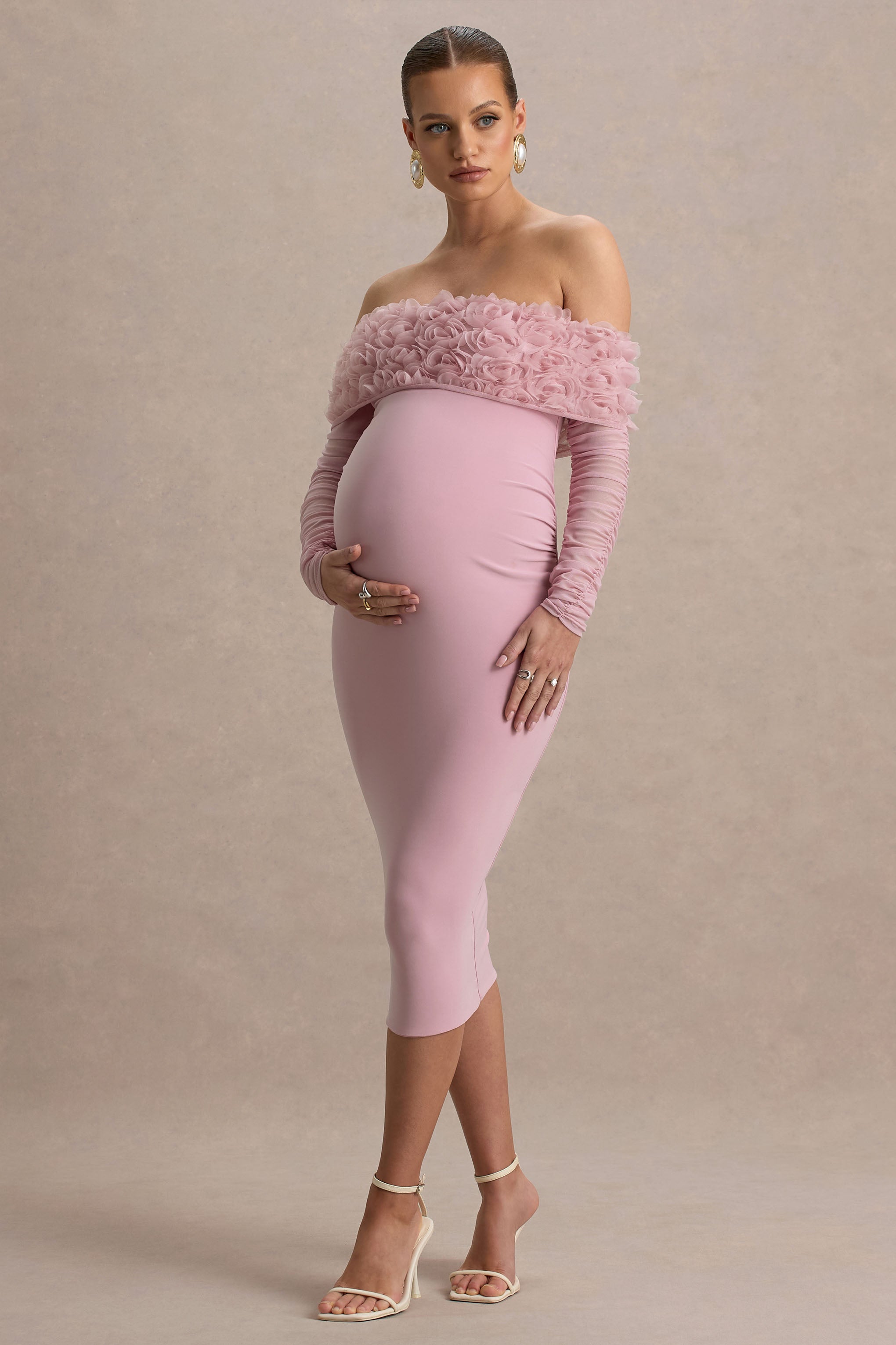 Adita | Pembemsi Pembe Dantel Çiçekli Bardot Hamile Midi Elbise