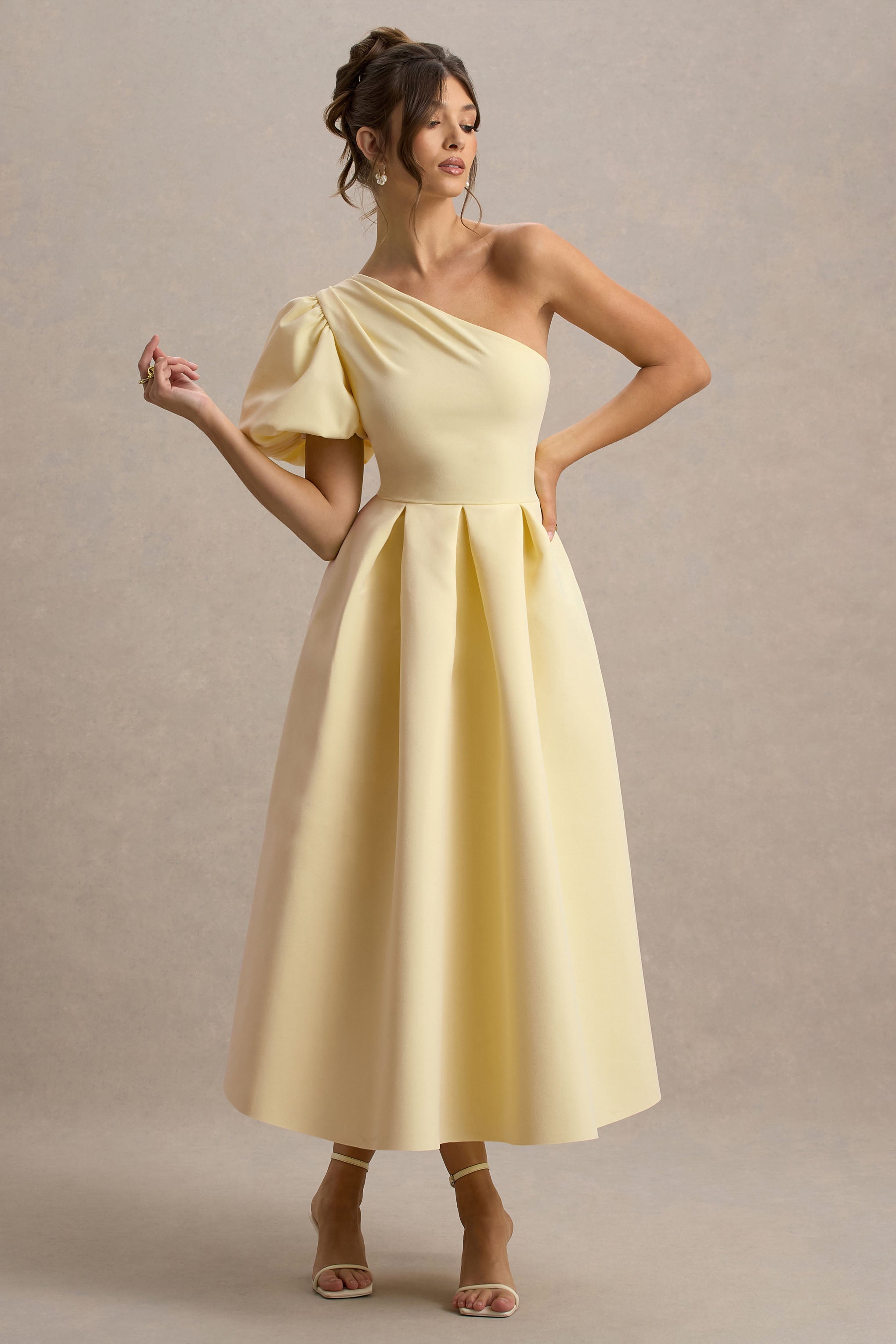 Rochelle | Soluk Limon Asimetrik Puff-Sleeve Midi Elbise
