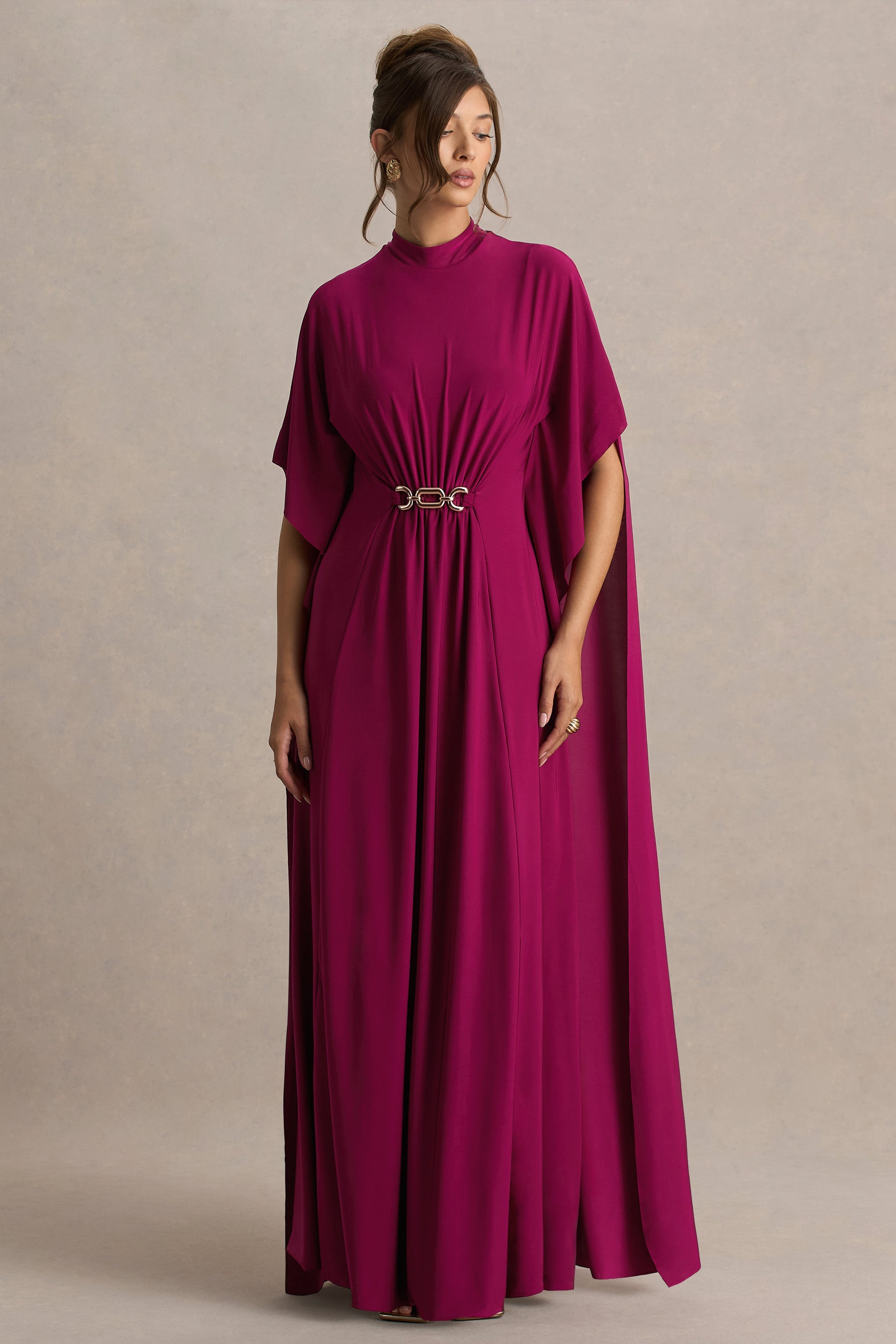 Olessia | Bordo Kemerli K gathered Kol Maxi Elbise