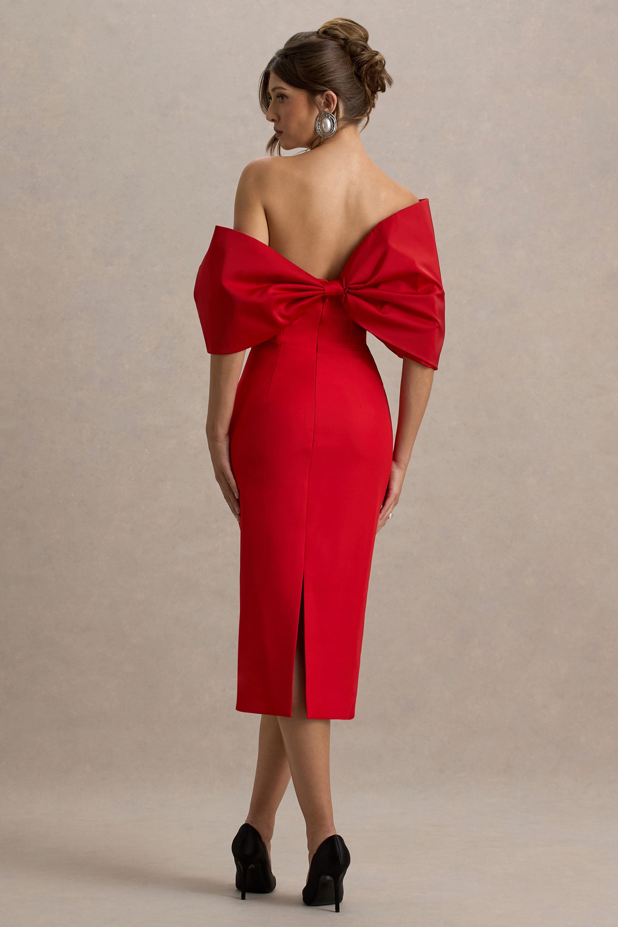 Lucille | Kırmızı Asimetrik Bardot Midi Elbise