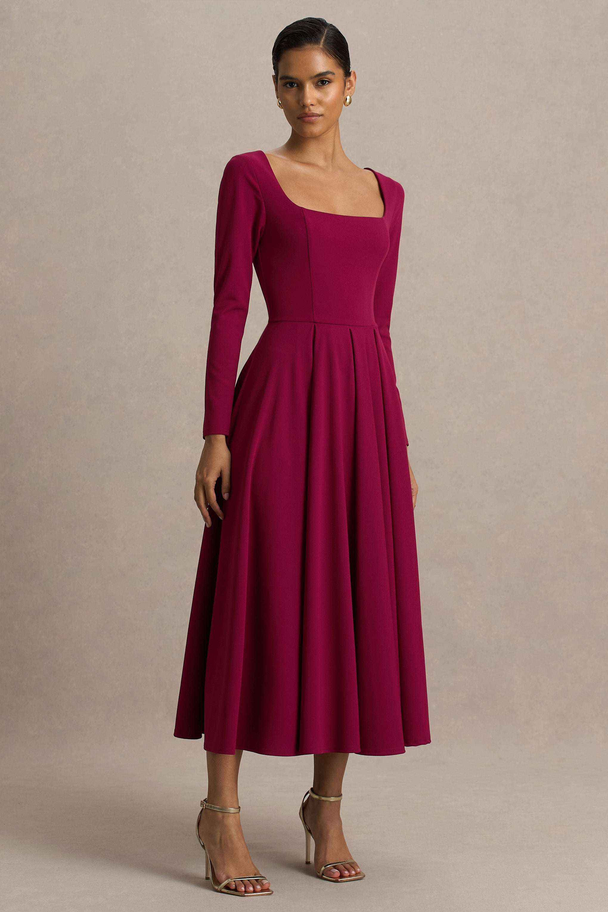 Alison | Bordo Kare Yaka A-Line Midi Elbise