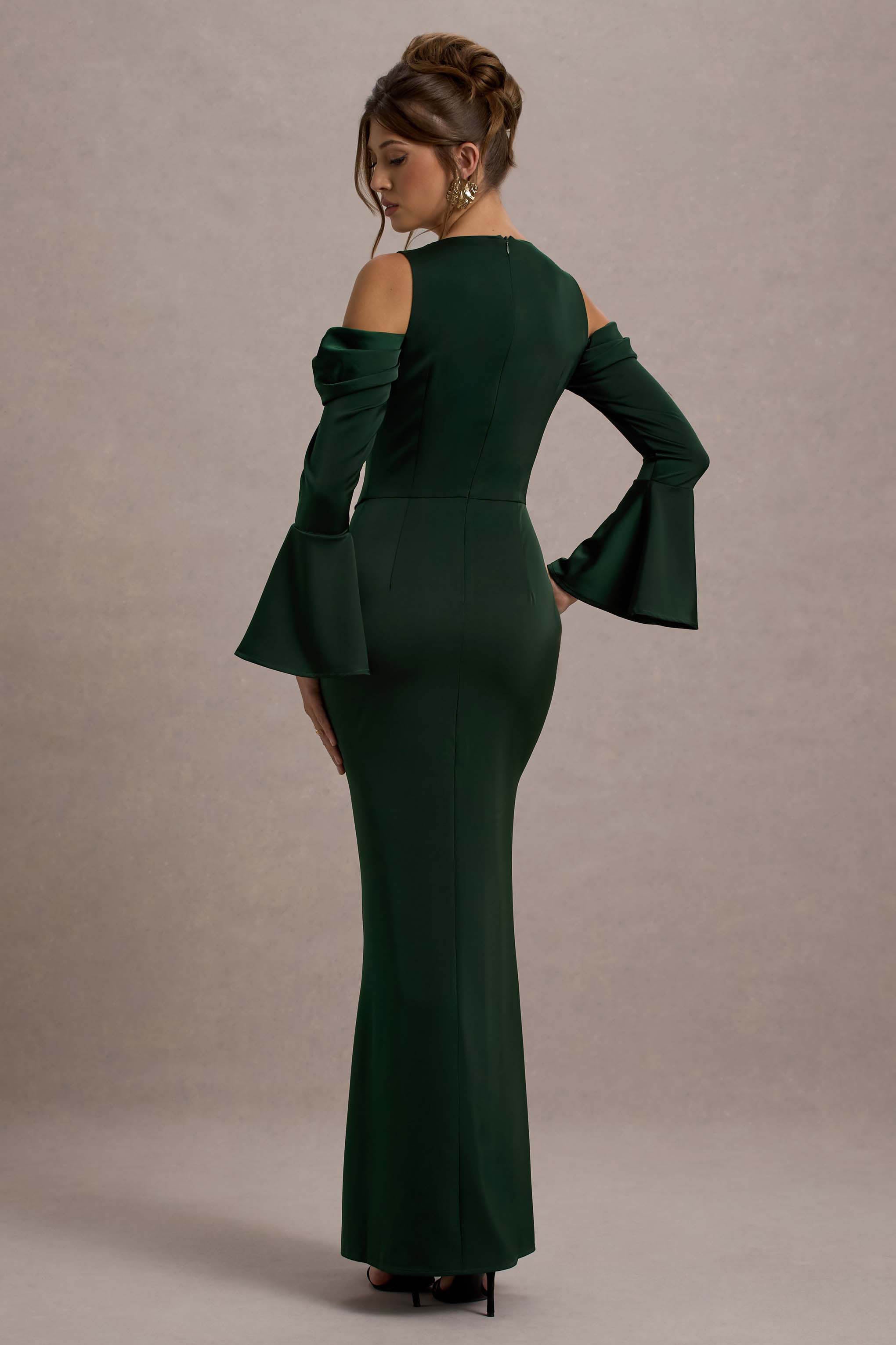 Heartthrob | Yeşil Saten Drapeli Bardot Maxi Elbise