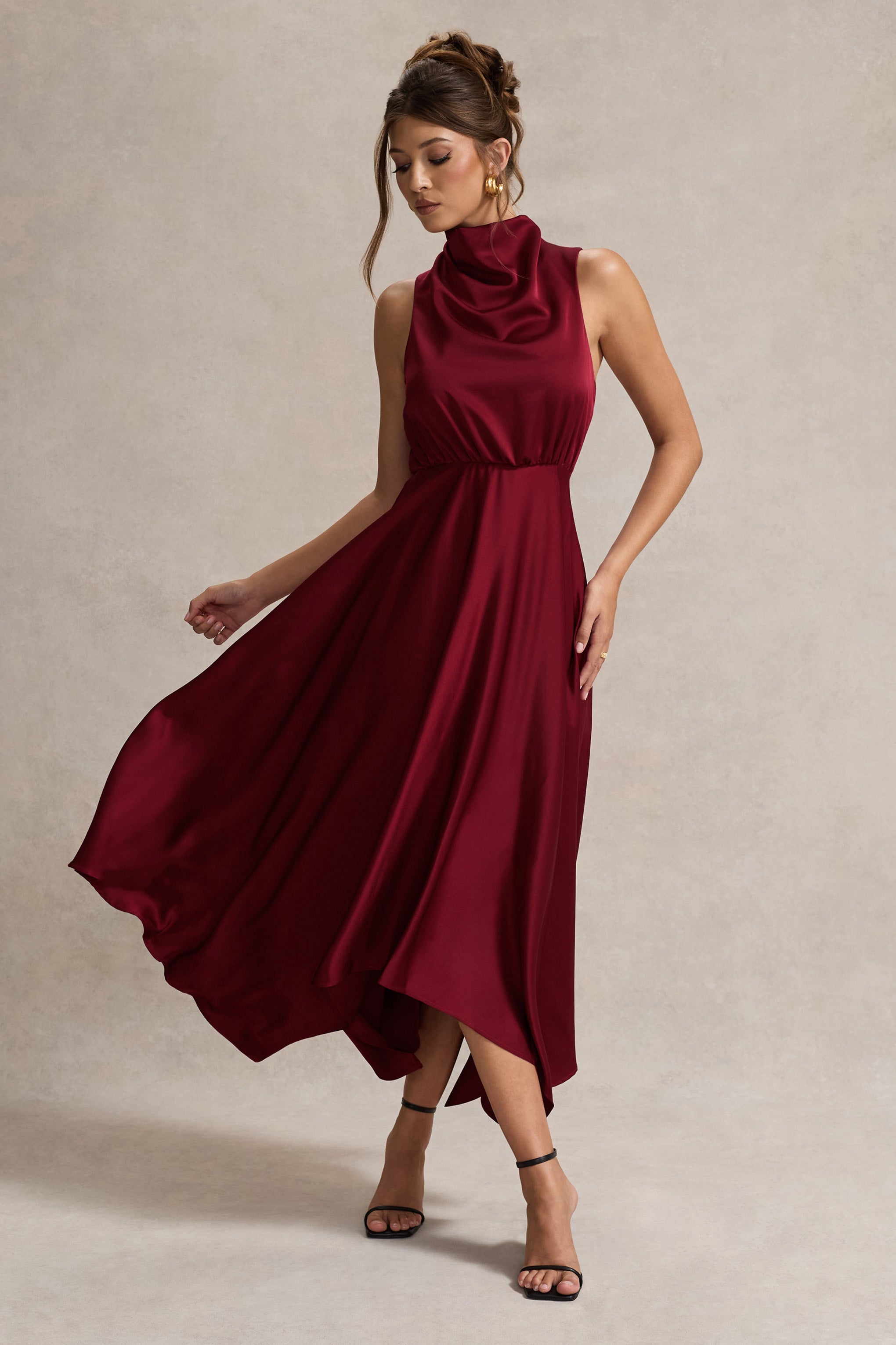 Kerri | Berry Saten Cowl-Neck Maxi Elbise