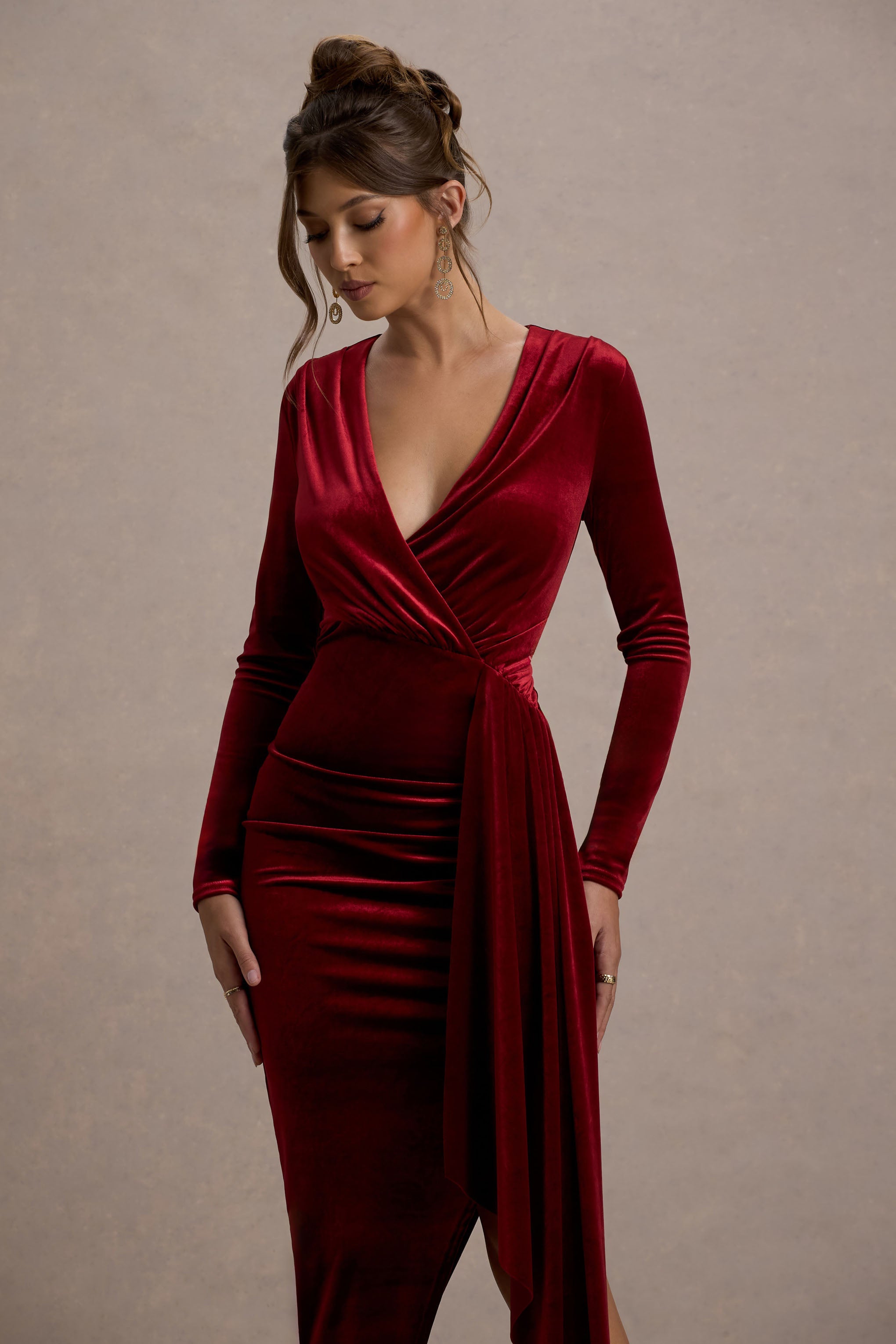 Arcadia | Berry Kadife Derin V Yaka Sarma Midi Elbise