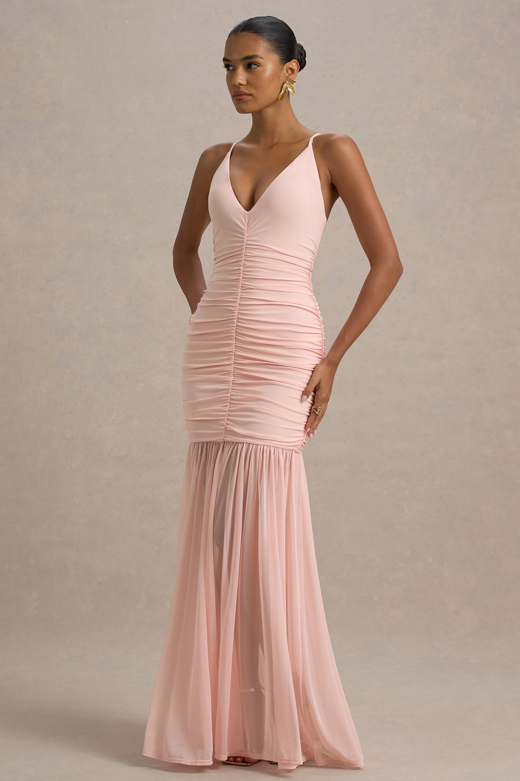 Pasqualina | Pembe Drapeli Derin Yaka Maxi Elbise